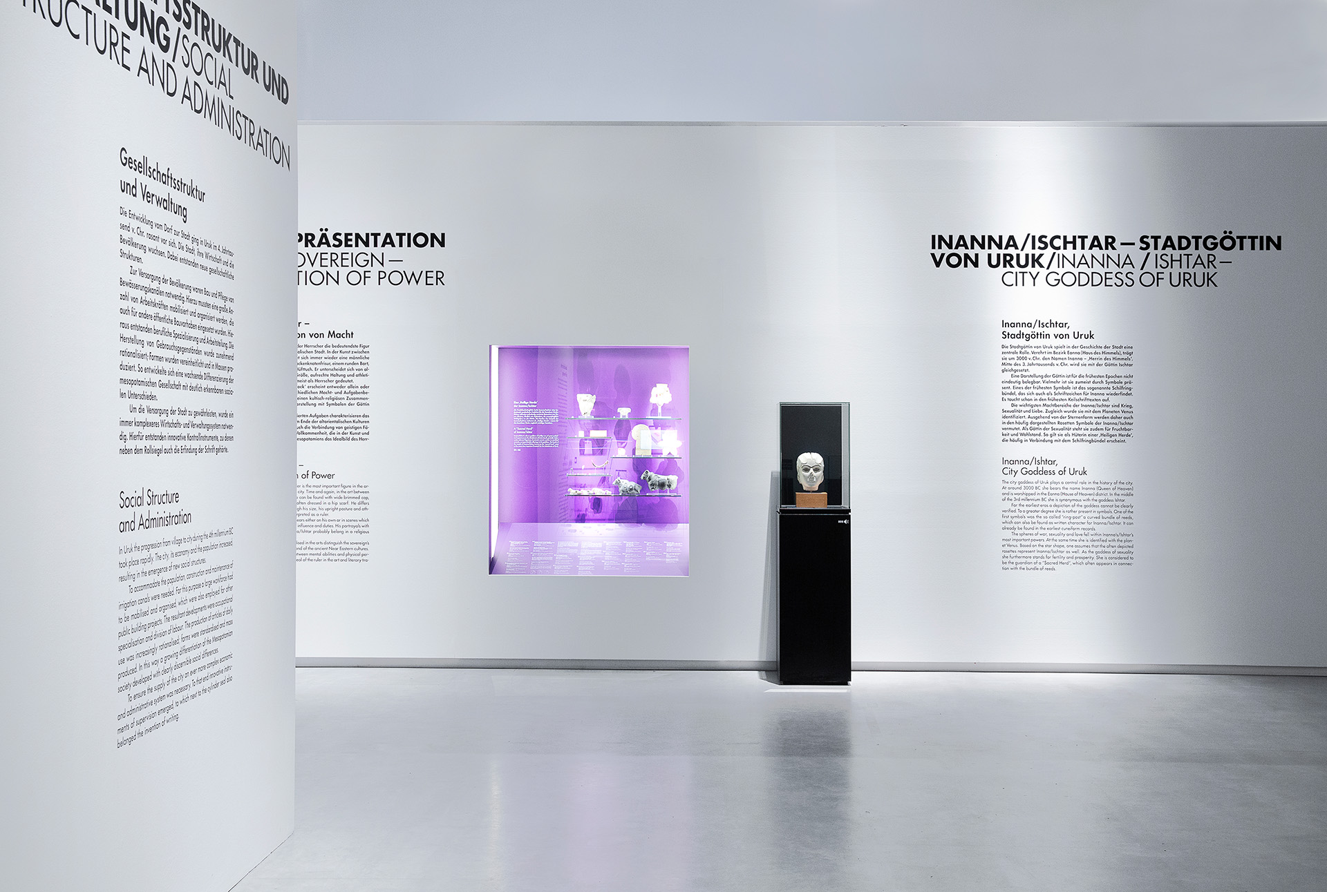 Blick auf weiße Wand mit schwarzer Schrift und einer Wandvitrine mit violetter Rückwand. Davor eine schwarze Aufsatzvitrine mit einem Steinkopf