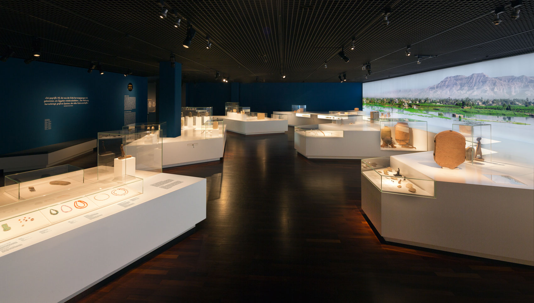 Blick in Ausstellungsraum mit vielen weißen Tischpodesten auf denen verschiedene Aufsatzvitrinen zu sehen sind