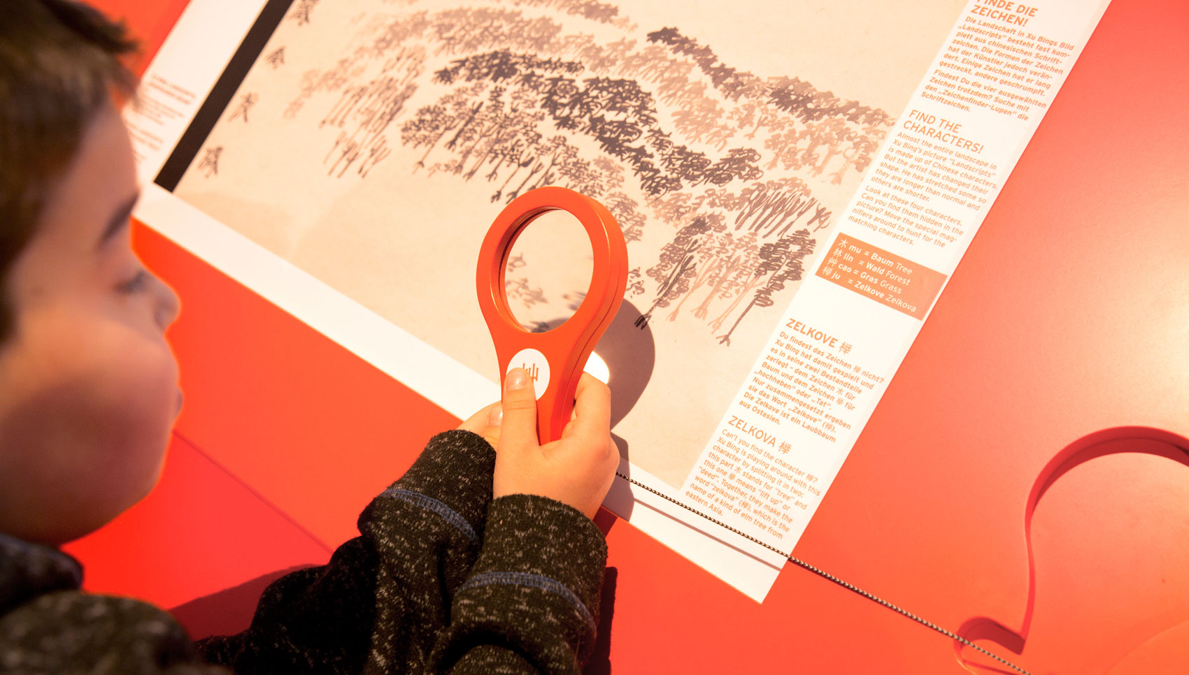 Nahaufname Kind schaut mit Lupe eine Grafik an