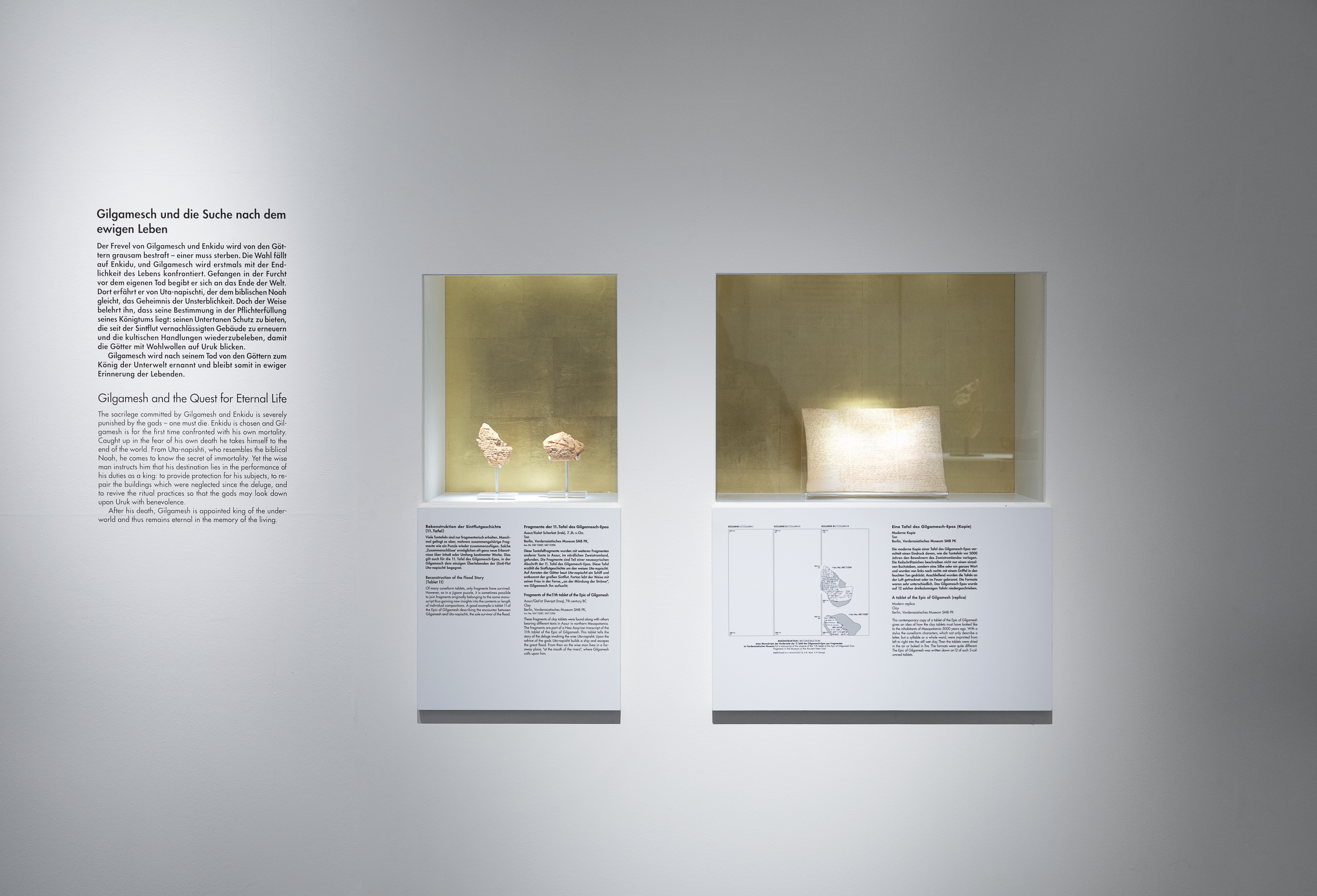 Blick auf zwei Wandvitrinen mit goldener Rückwand