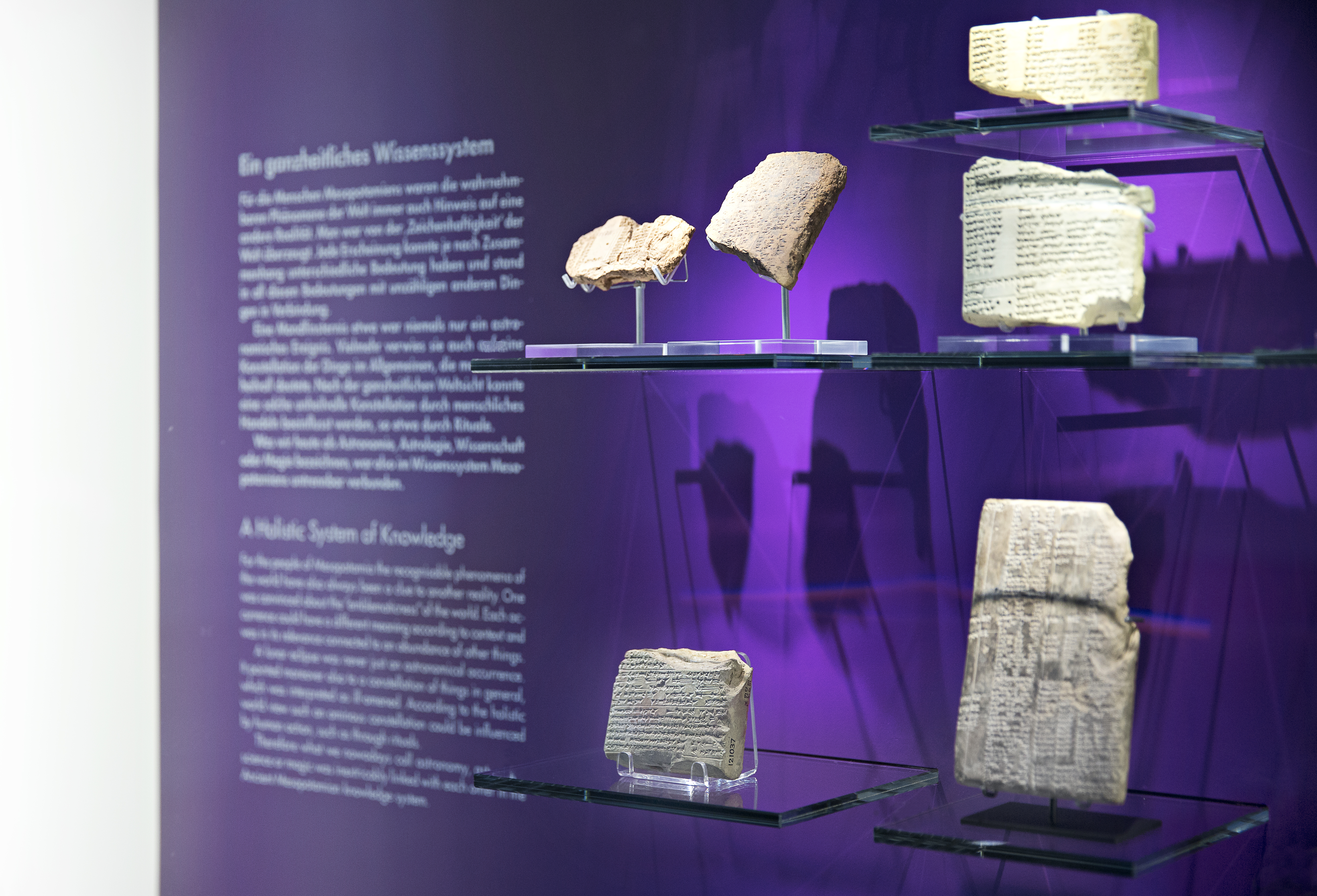 Wandvitrine mit violetter Rückwand. Gezeigt werden alte Steintafeln mit eingravierter Schrift