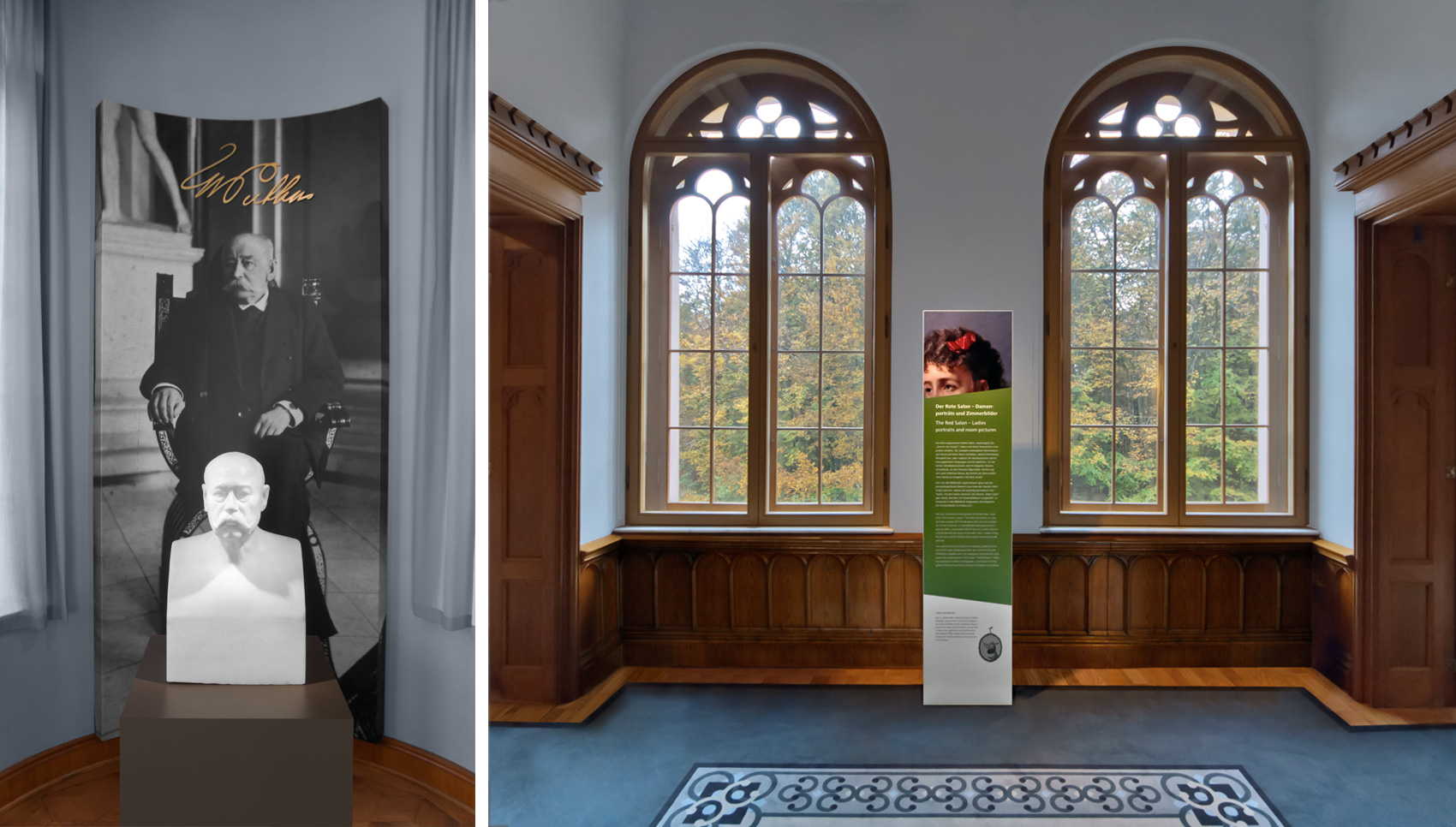 Blick auf eine Büste eines Mannes mit dahinter befindlicher menschengroßen Fotografie dieses Mannes