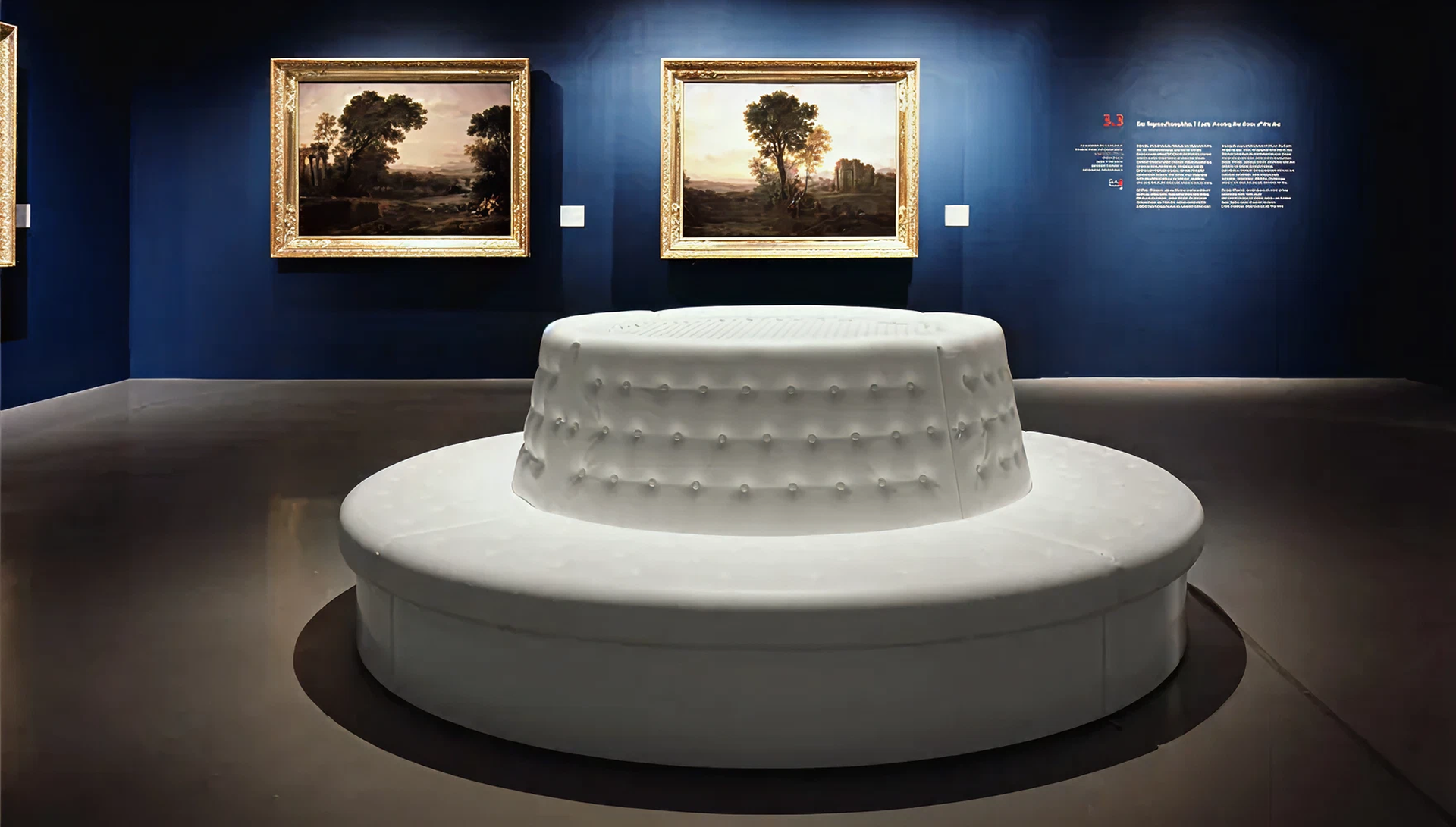 Weißes, rundes Sitzmöbel in Chesterfield-Optik vor dunkelblauer Wand mit golden-gerahmten Gemälden