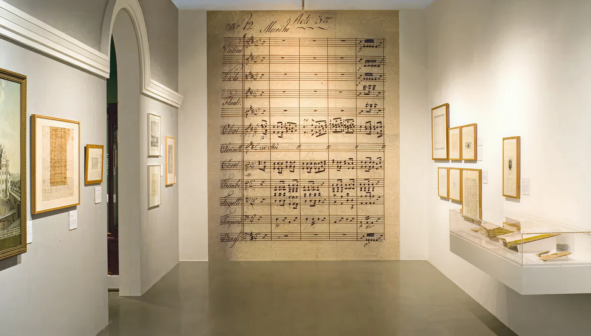 Blick auf Wand mit deckenhoher Tapete auf der ein Notenblatt abgedruckt ist.