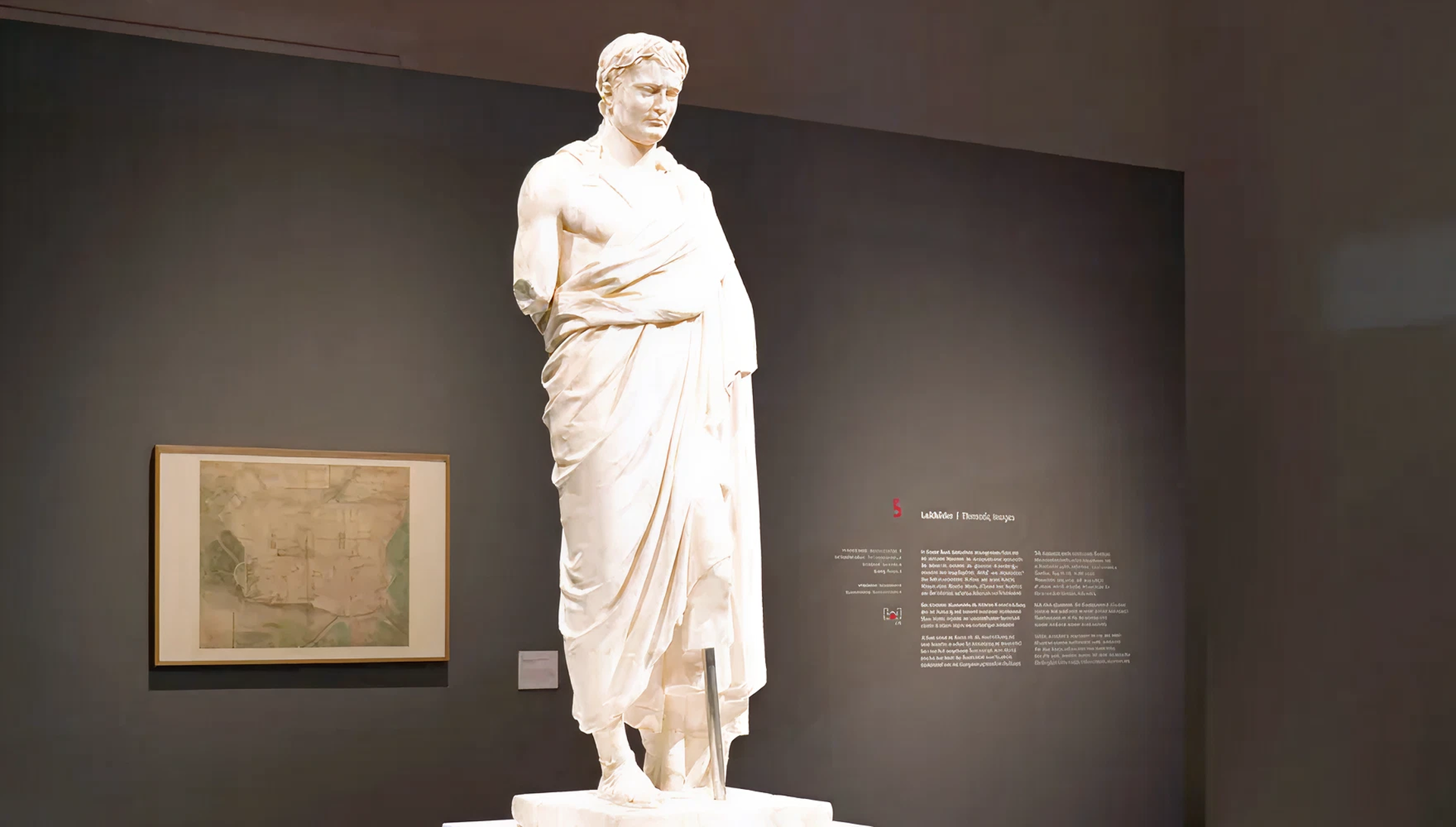 weiße Statue mit männlichem Motiv vor einer schwarzen Wand