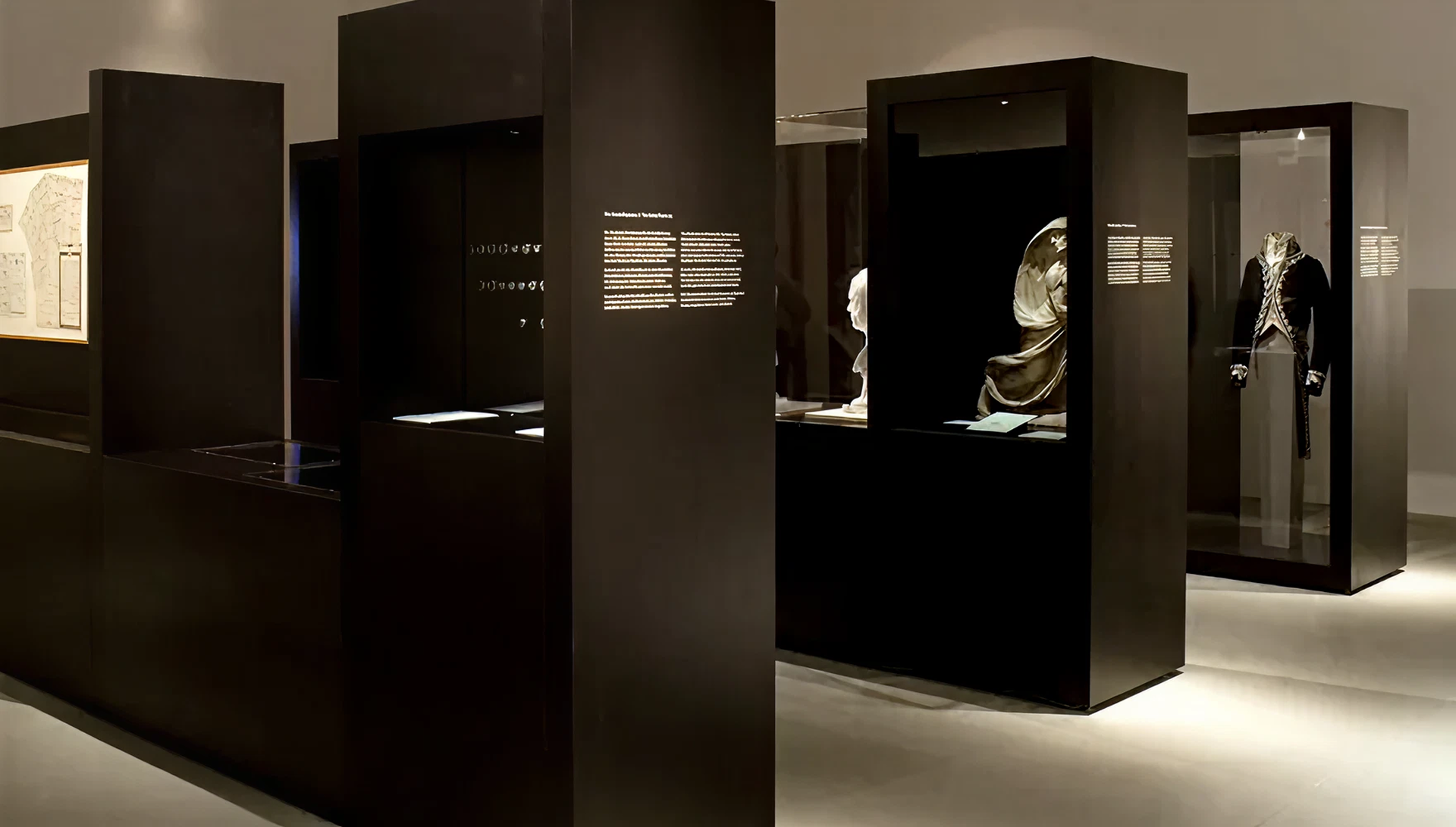 verschiedene schwarze Ausstellungsmöbel mit Texten und Vitrinen