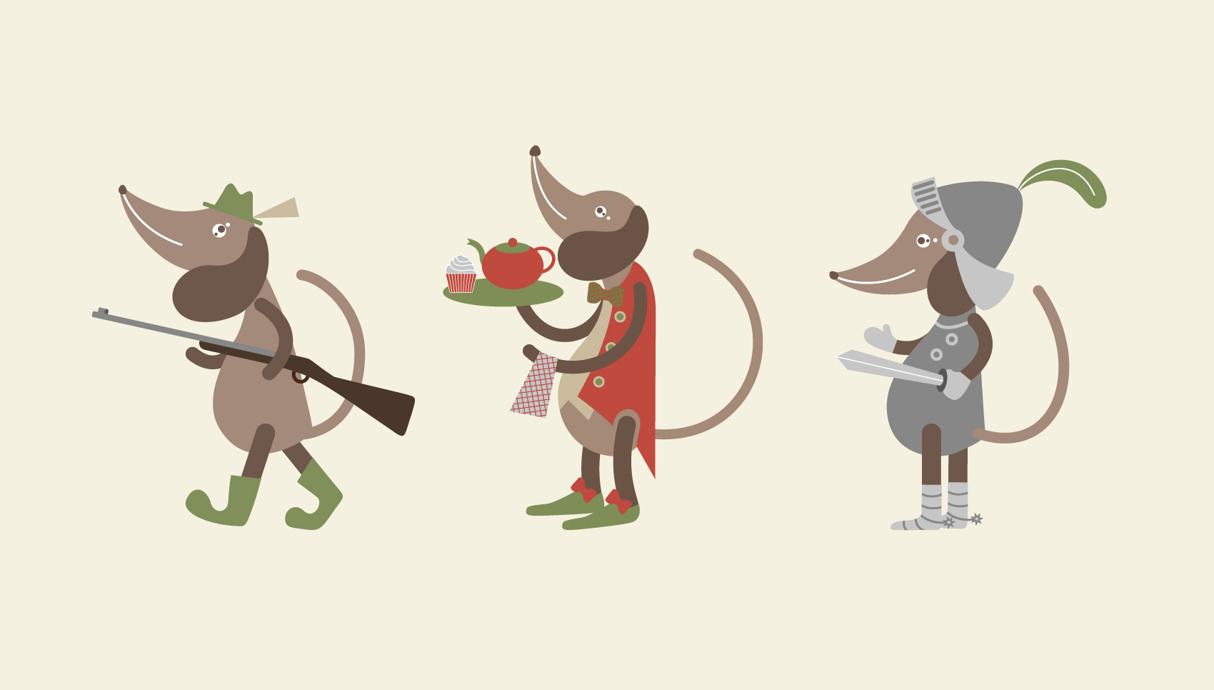 Kinderspur "Waldi" in 3 verschiedenen Kostümen "Jäger, Butler und Ritter"