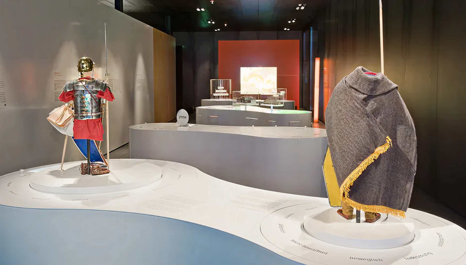 weißes Tischpodest mit einer römischen Rüstung und einem Stoffumhang darauf