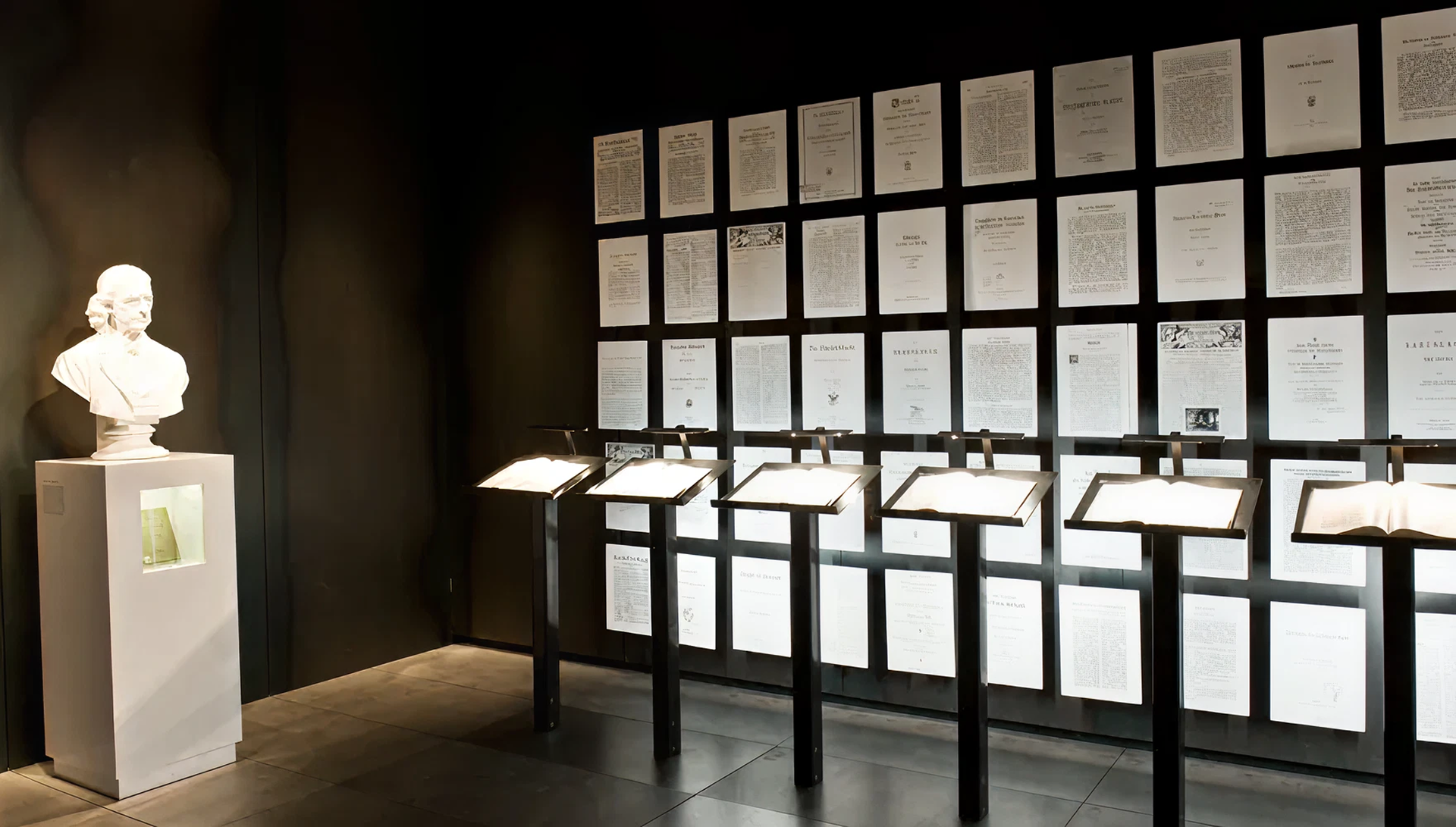 Blick auf schwarze Wand an der viele weiße Dokumente hängen. Davor befinden sich schwarze Pulte, die aufgeschlagene Bücher zeigen.