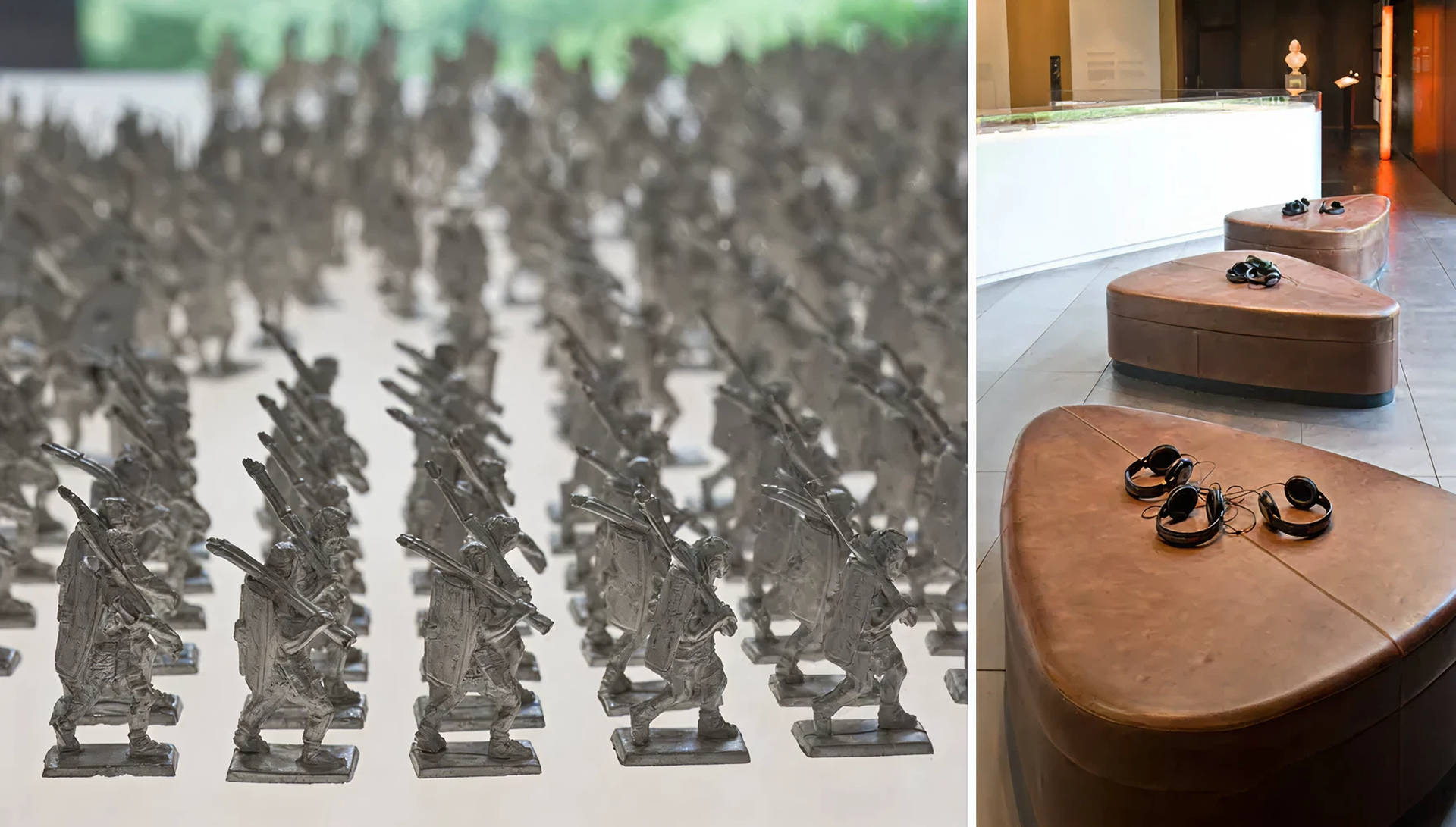 Nahaufnahme von kleinen Figuren, die in militärischen Formationen marschieren