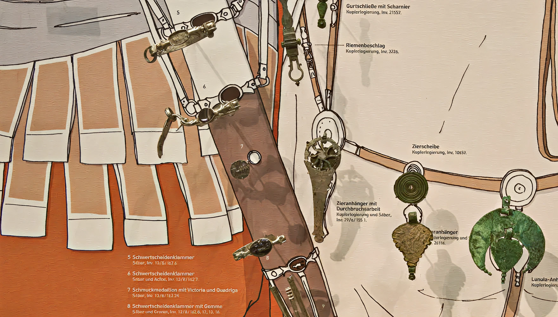 Nahaufnahme einer Illustration, auf der zu erkennen ist, dass an der römischen Bekleidung einzelne Accessoires als echte Exponate hervorgehoben sind.