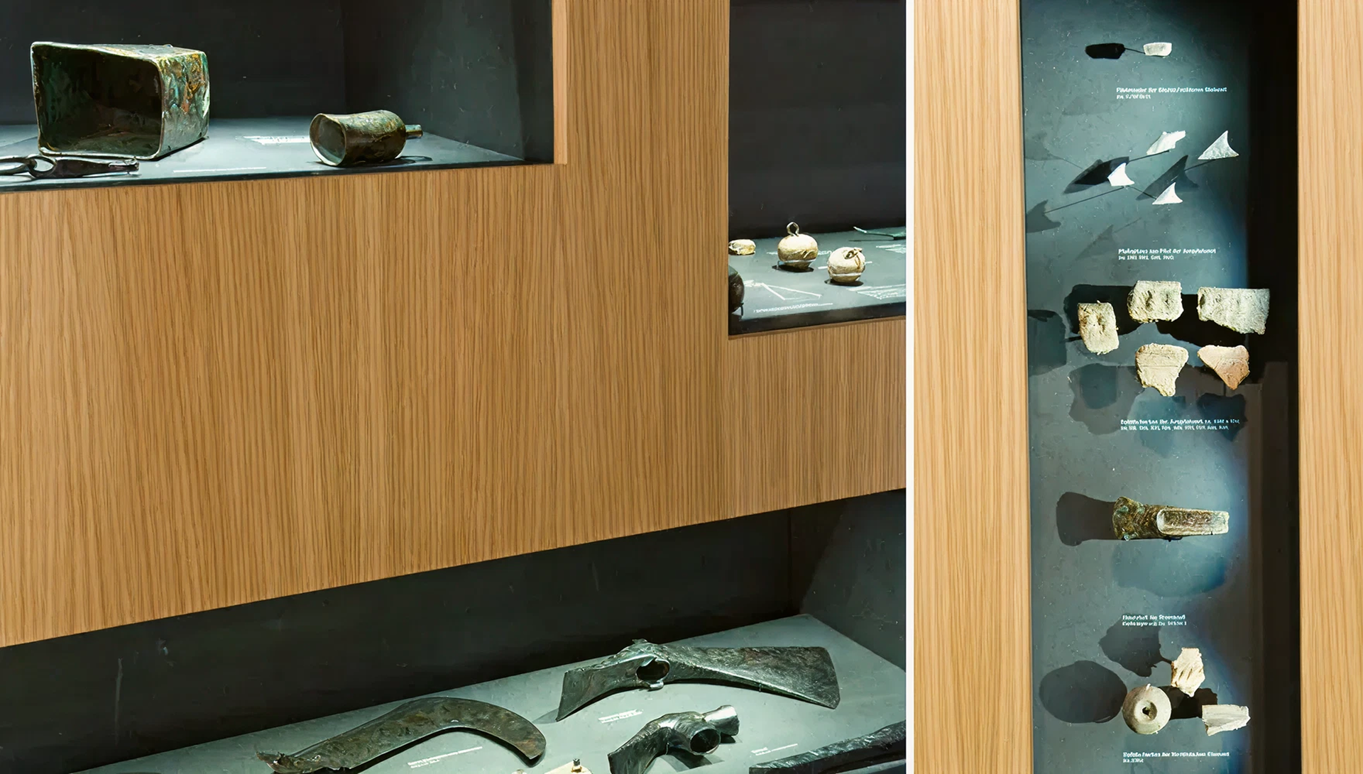 Nahaufnahme einer hölzernen Ausstellungswand mit eingelassenen Vitrinen und darin befindlichen Metallexponaten