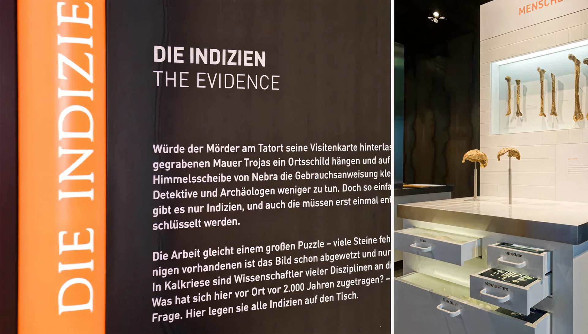 weißer Text "Die Indizien" auf schwarzer Wand