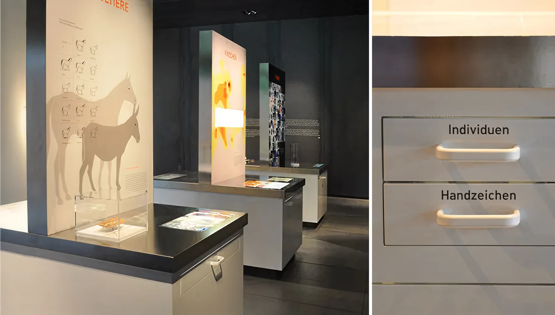 zwei weiße Schubladen mit den Aufschriften "Individuen" und "Handzeichen"
