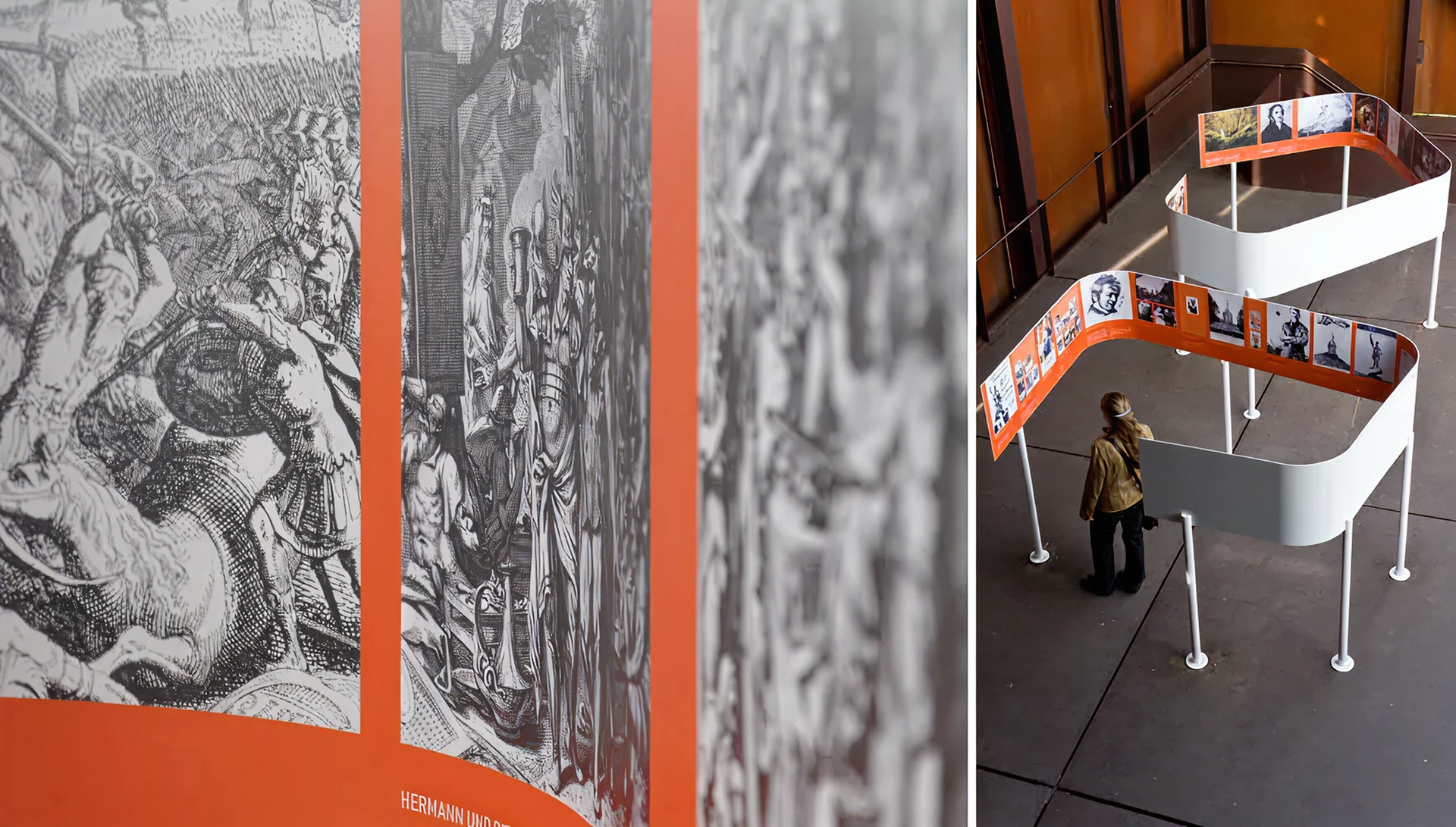 Gebogene weiße Ausstellungspaneele auf Füßen mit innenliegenden Grafiken und Texten