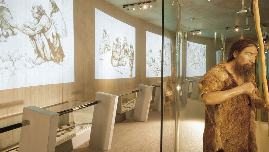 Verschiedene Projektionen mit Zeichnungen von Neandertalern. Im Vordergrund steht eine Figur eines Neanderthalers in einer raumhohen Vitrine.