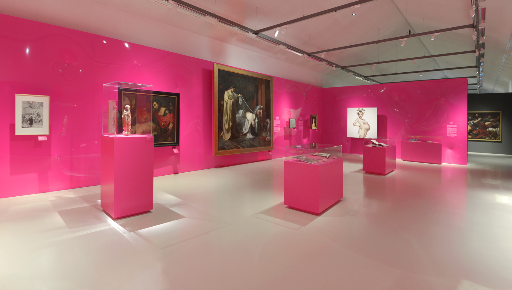 Ausstellungsraum mit pinken Wänden vor denen große gerahmte Gemälde hängen