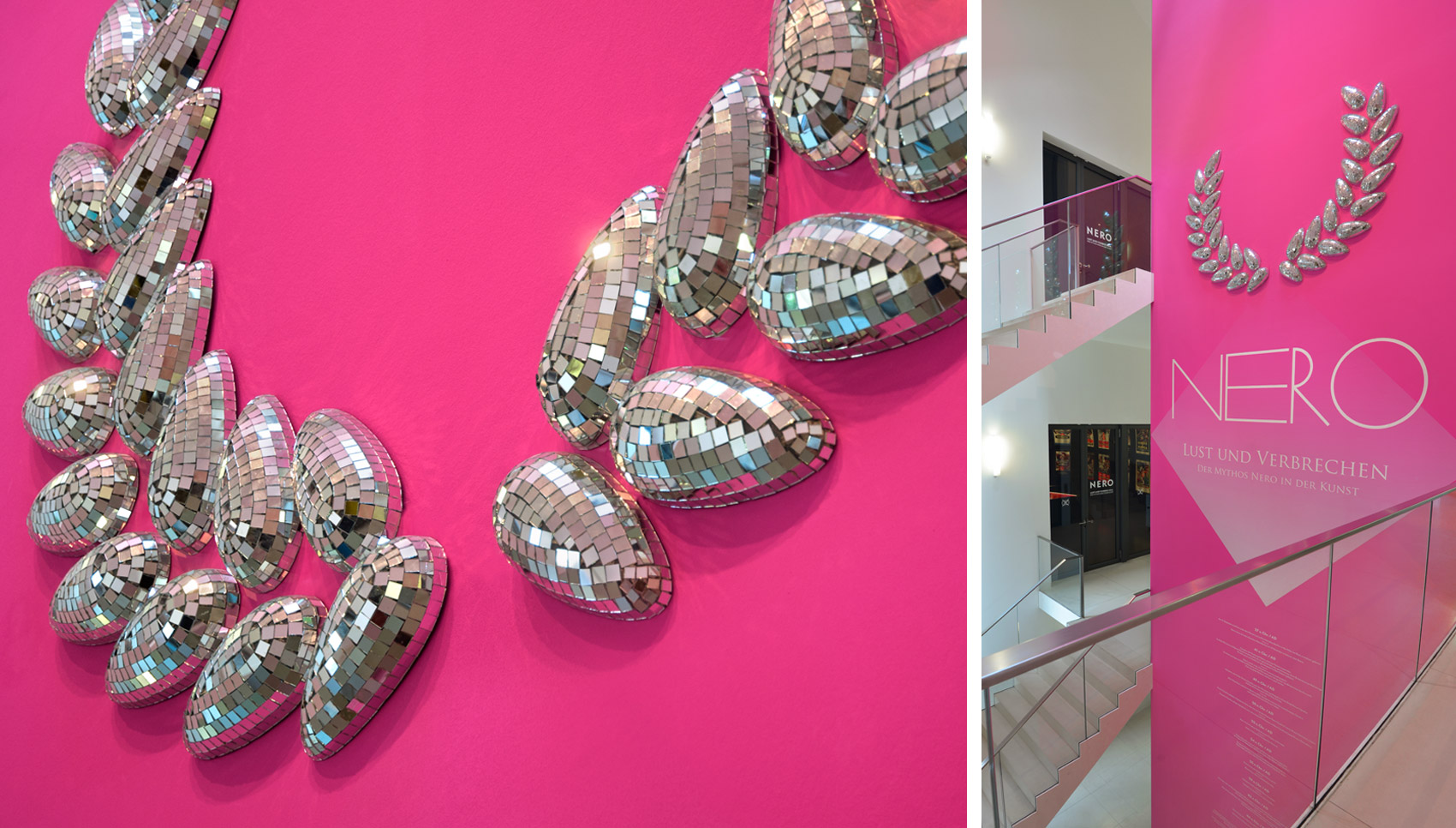 Objekt "Lorbeerkranz" aus Spiegelmosaik mit Ausstellungsgrafik "Nero – Lust und Verbrechen"