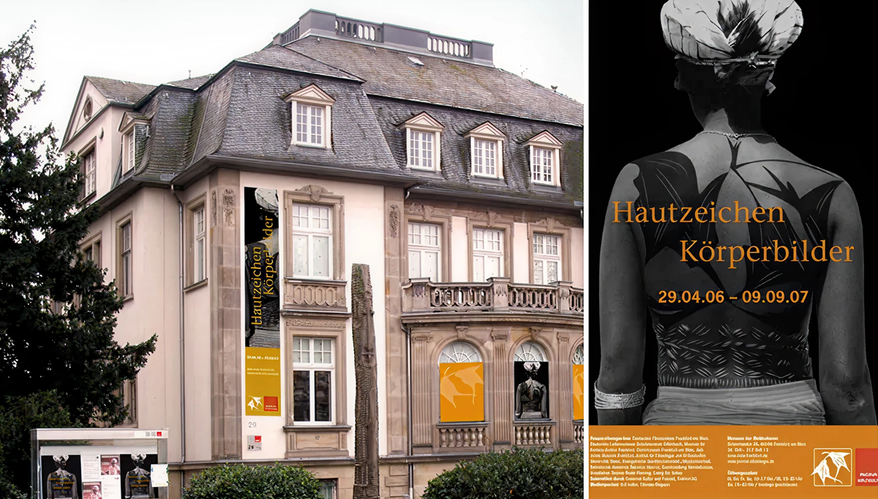 Bild links: Foto vom Museum für Weltkulturen. Bild rechts: Ausstellungsplakat Hautzeichen Körperbilder