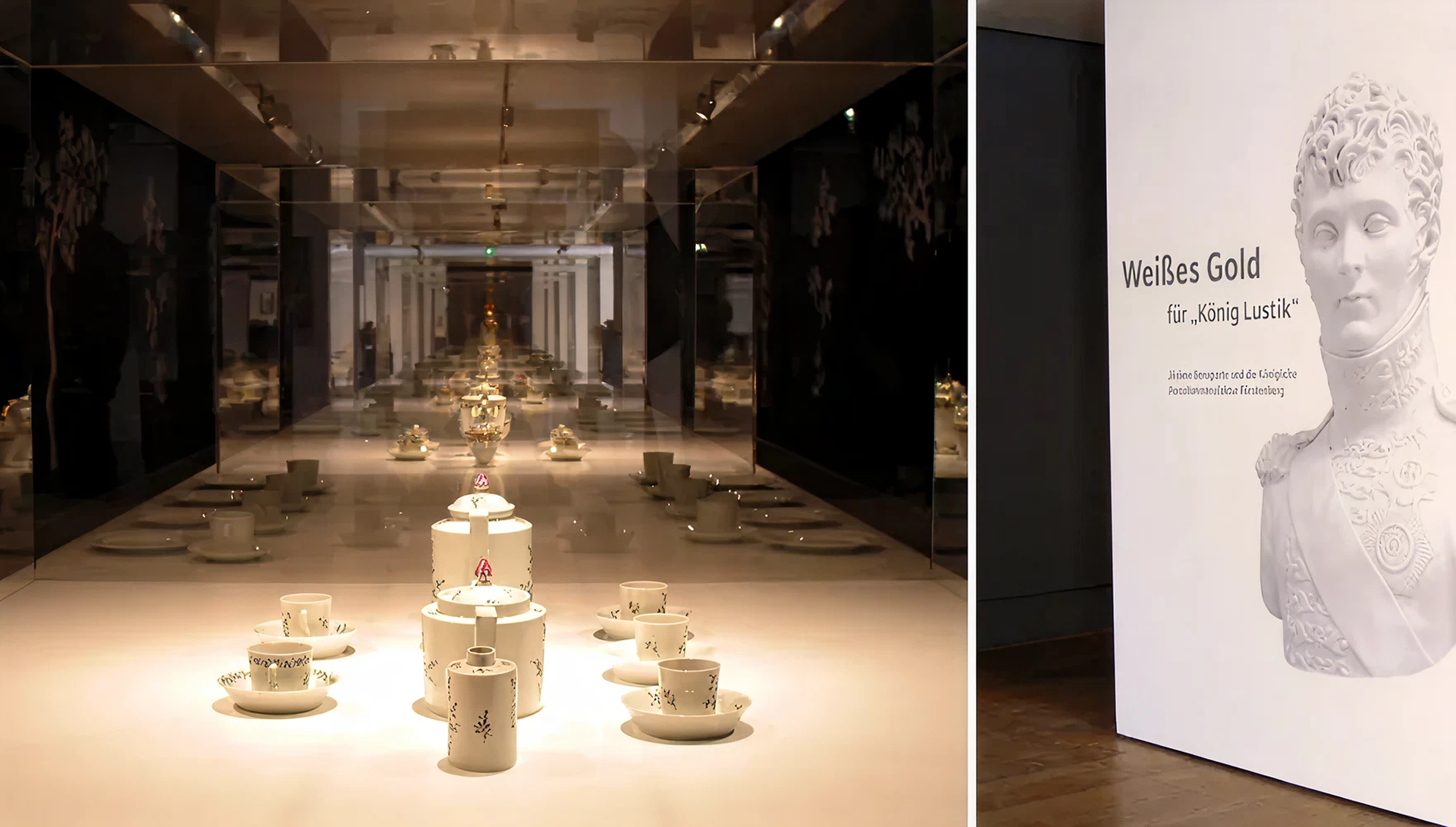 Blick auf weißes Porzellan in einer großen Aufsatzvitrine