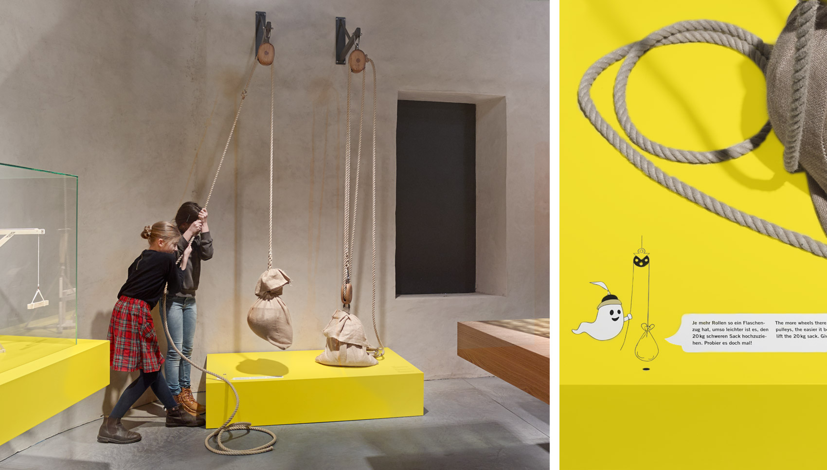 Erstes Bild: Zwei Kinder interagieren im Ausstellungsraum. Zweites Bild: Detailansicht einer Ausstellungsgrafik für Kinder.