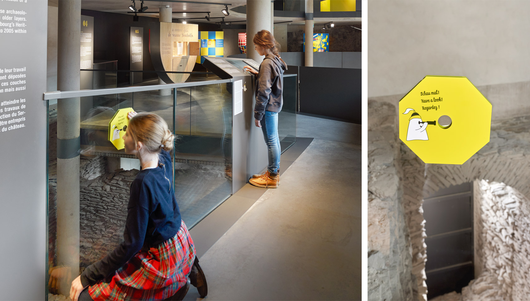 Erstes Bild: Zwei Kinder interagieren im Ausstellungsraum. Zweites Bild: Detailansicht einer Ausstellungsgrafik für Kinder.