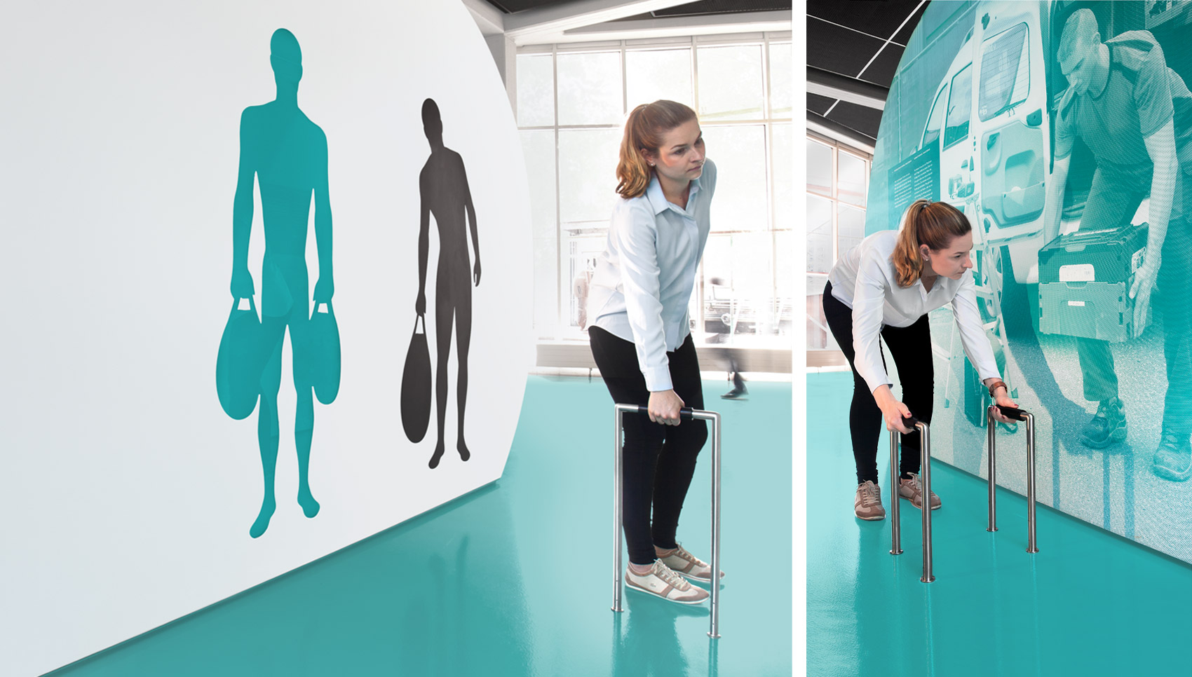 Frau steht im Ausstellungsraum und bedient ein interaktives Ausstellungsstück