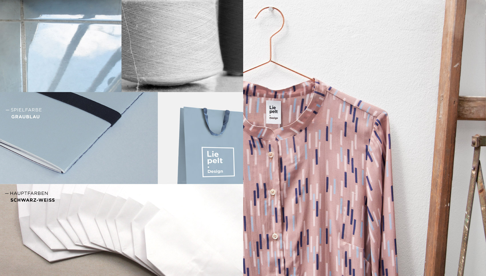 Verschiedene Bilder zum Beispiel Bluse an Kleiderbügel mit Blick auf das Label mit Logo