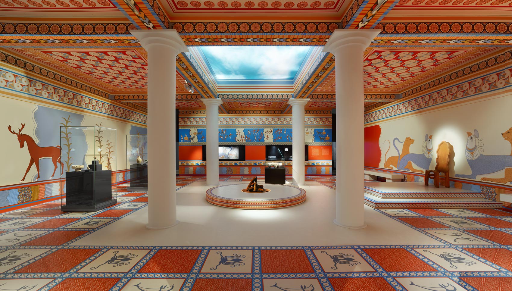 Bunt illustrierter Ausstellungsraum mit Exponaten