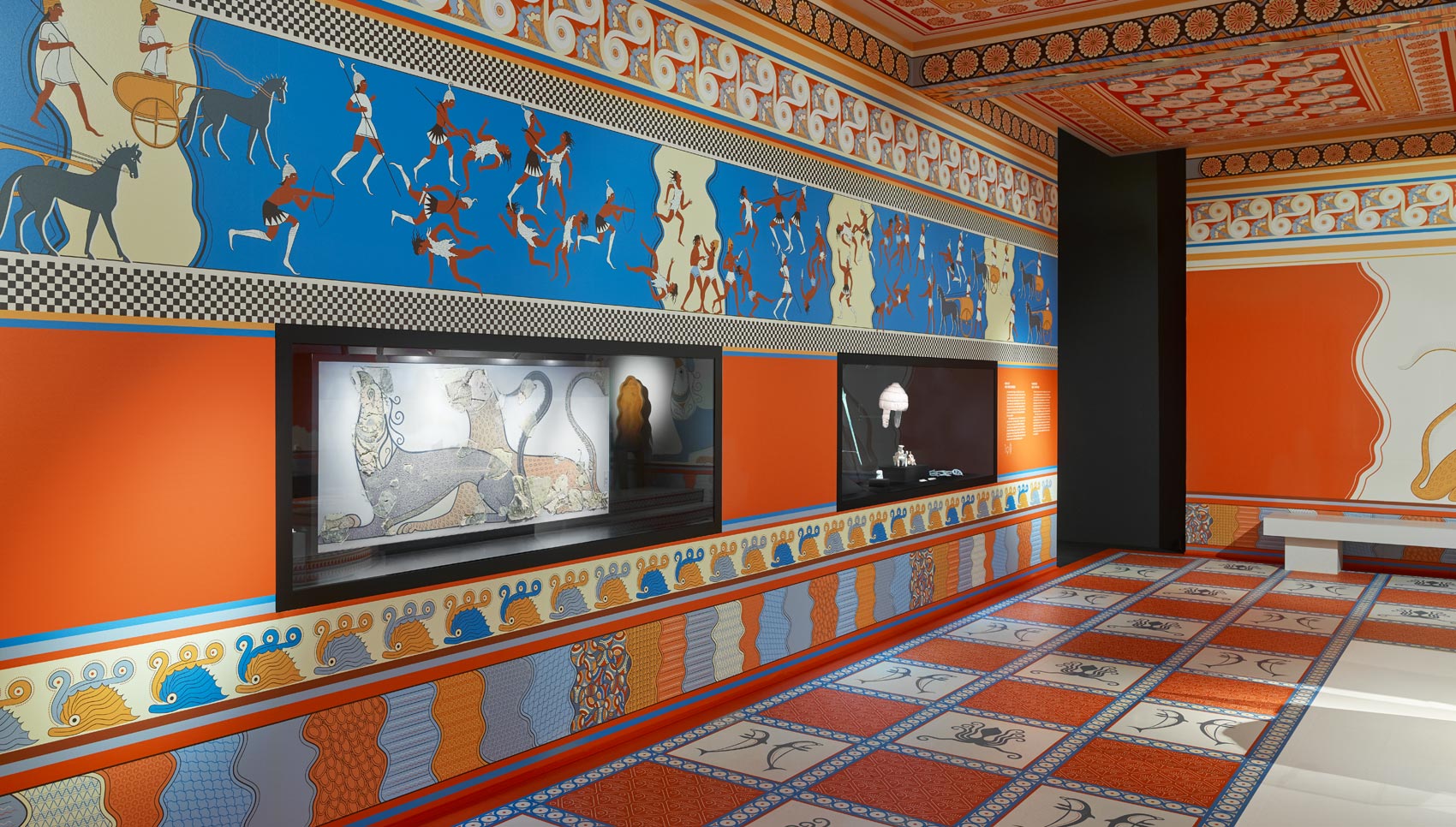 Bunt illustrierter Ausstellungsraum mit Exponaten