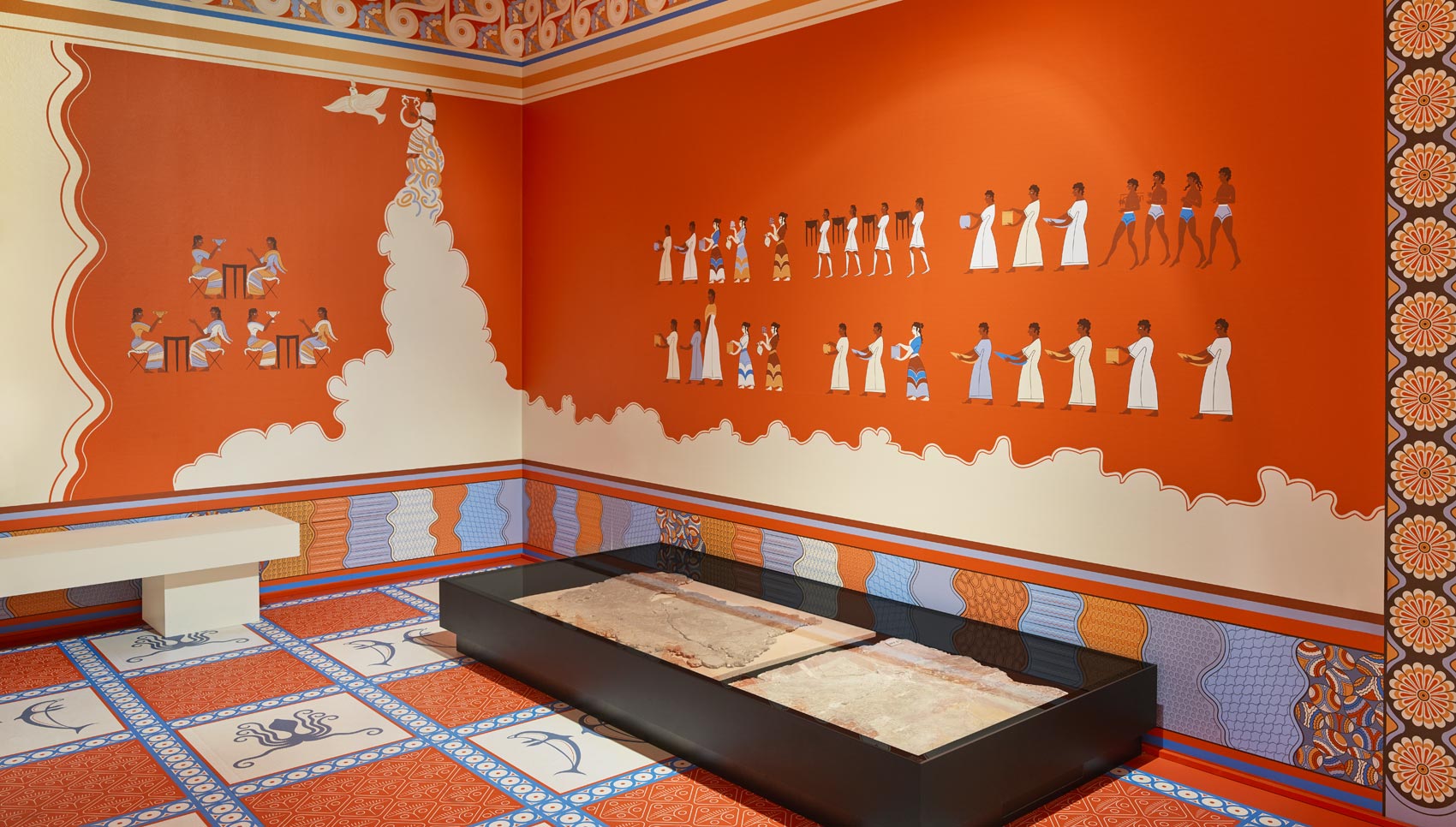 Bunt illustrierter Ausstellungsraum mit Exponaten