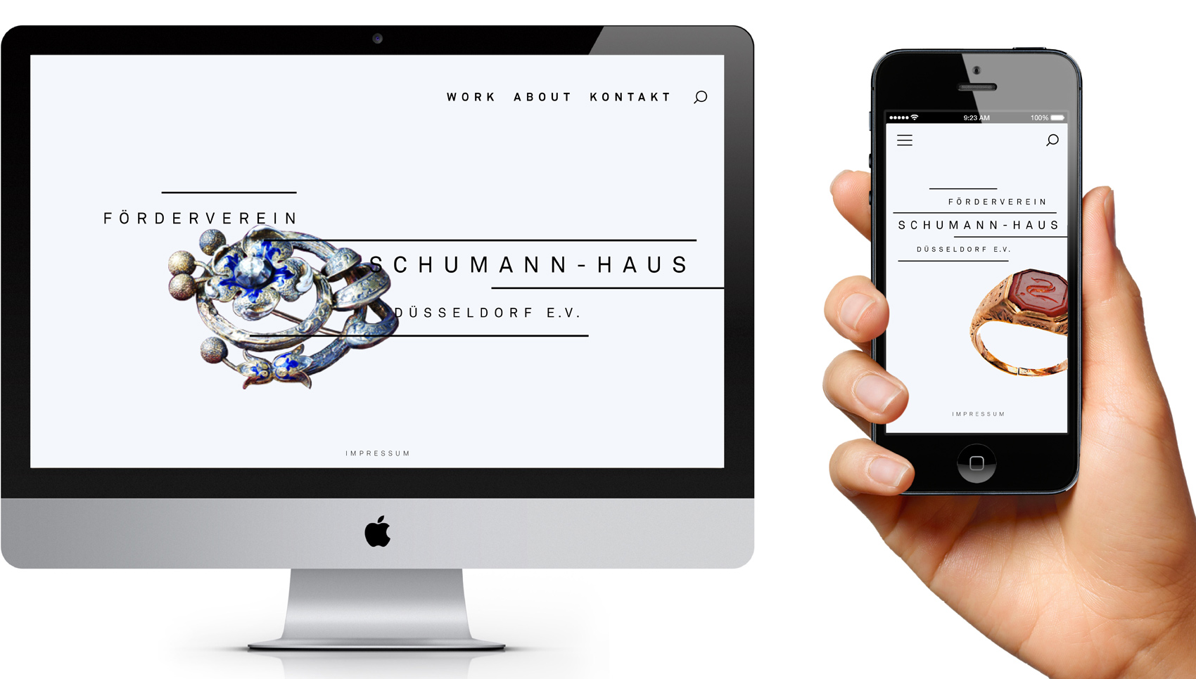 Desktop und Handy mit Startseitengestaltung des Fördervereins Schumann-Haus Düsseldorf E. V.