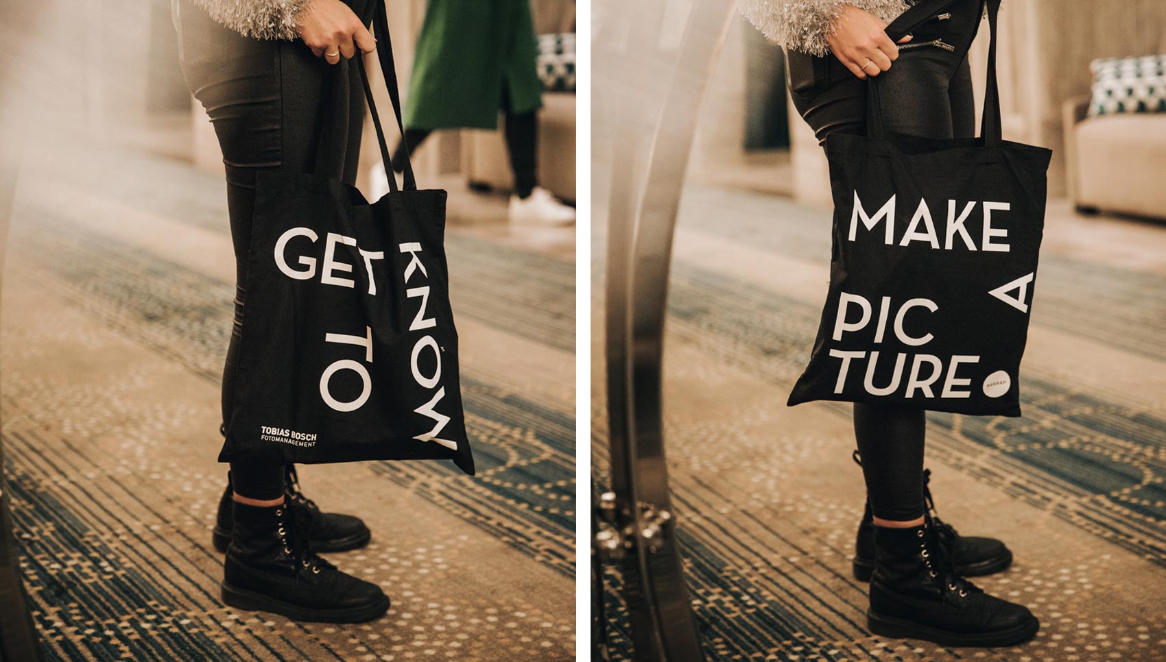 Fotografie des schwarzen Jutebeutels "GET TO KNOW", der von einer Person gehalten wird