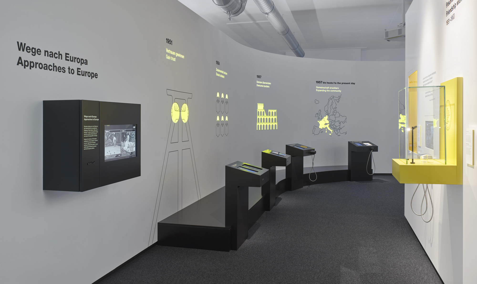 Ausstellungsraum mit Ausstellungsmöbeln und Grafiken