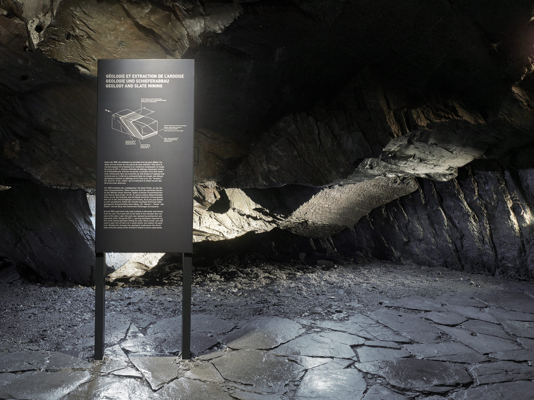 Innenaufnahme der Schiefergrube mit Grafikpanel