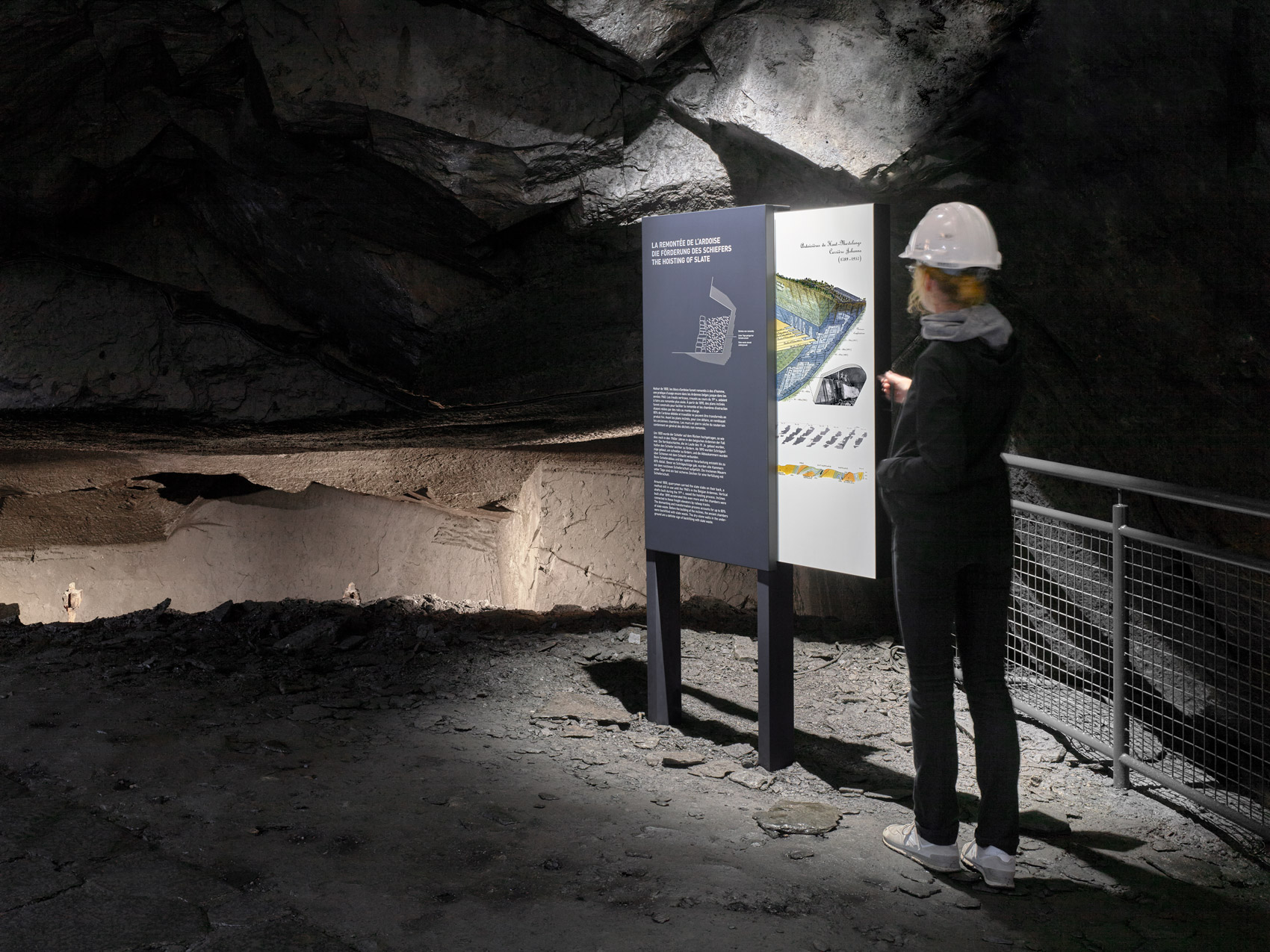 Person steht in der Schiefergrube mit Grafikpanel