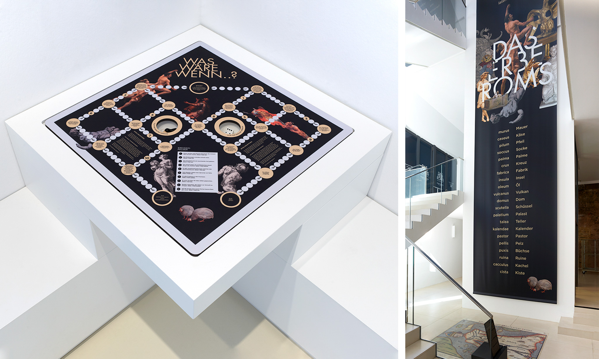 Zwei Bilder. Das erste Bild zeigt ein im Ausstellungsdesign gestaltetem Spiel zum Mitmachen. Das zweite Bild zeigt einen großen, länglichen Banner, der von der Decke hängt.