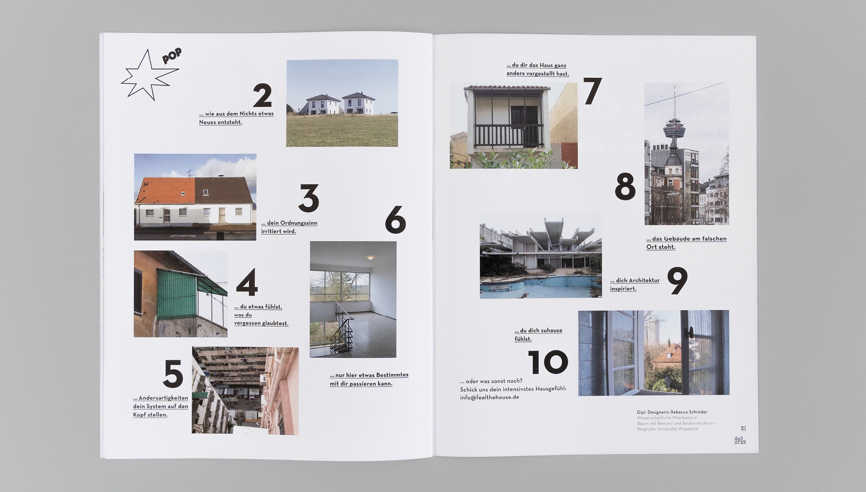 Aufgeschlagene Doppelseite der Broschüre "Feel the House"
