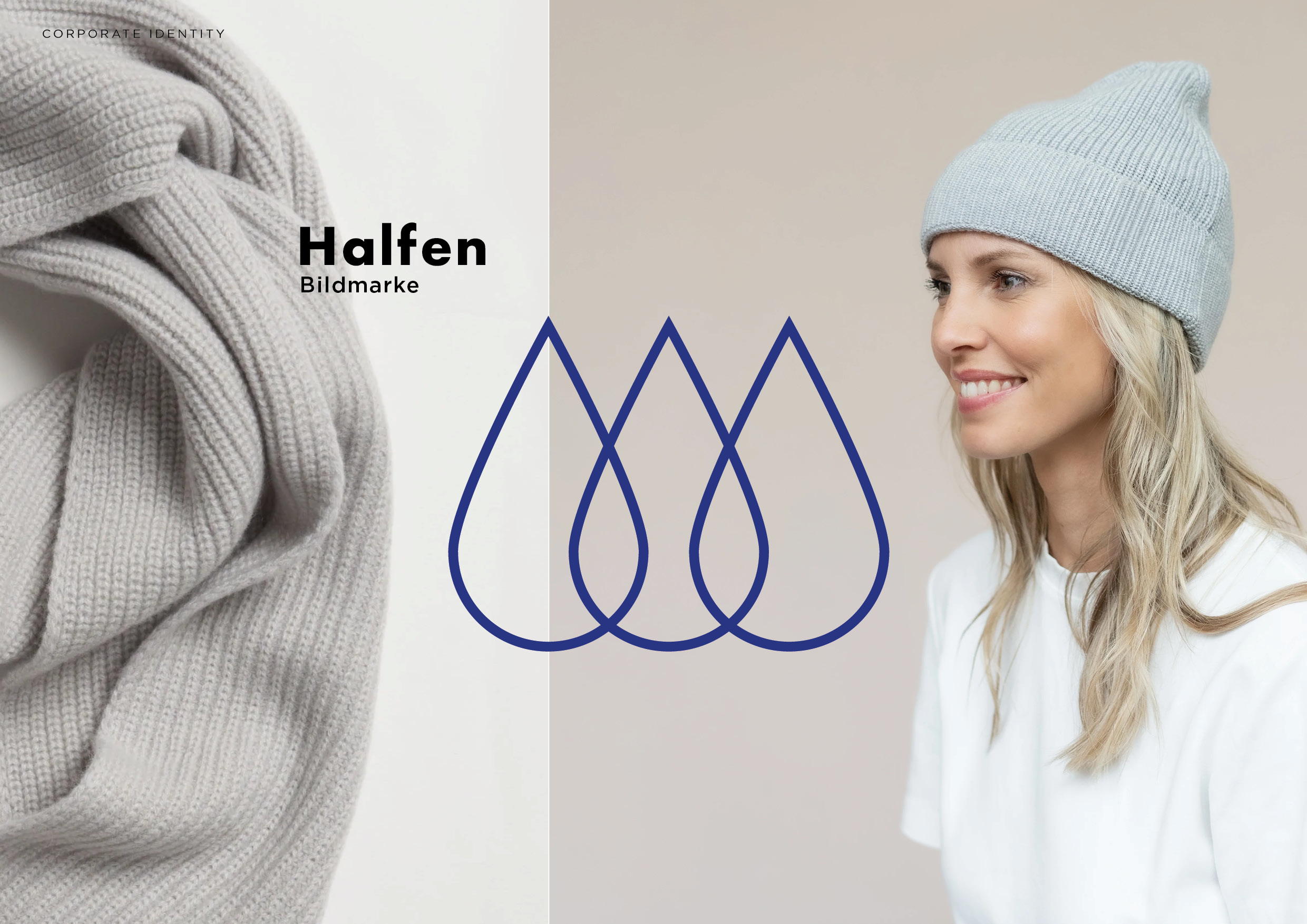 Seite mit der Bildmarke und zwei Fotografien: ein liegender Schal und eine Frau mit gestrickter Mütze auf dem Kopf