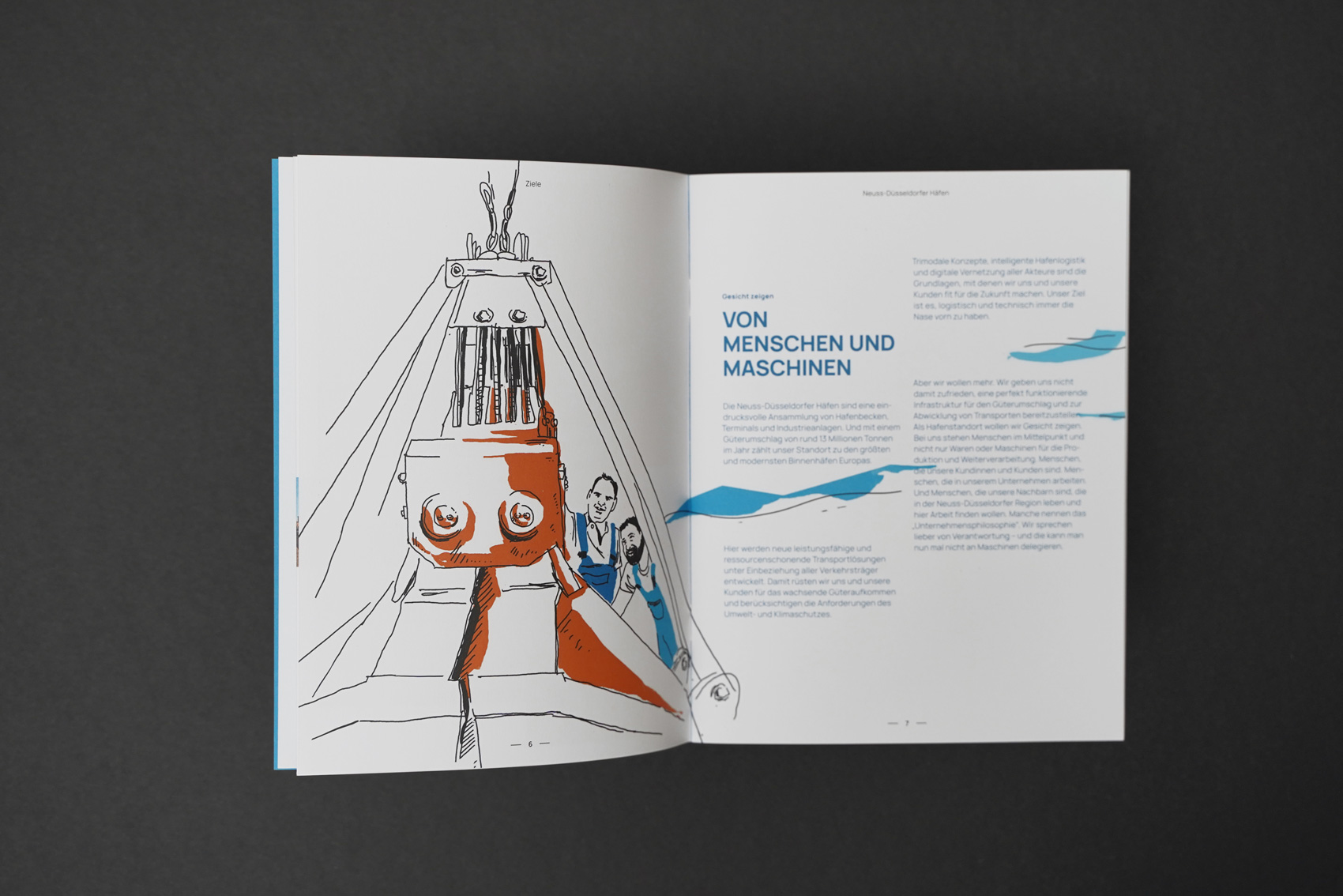 Aufgeschlagene Doppelseite mit Illustration und Text