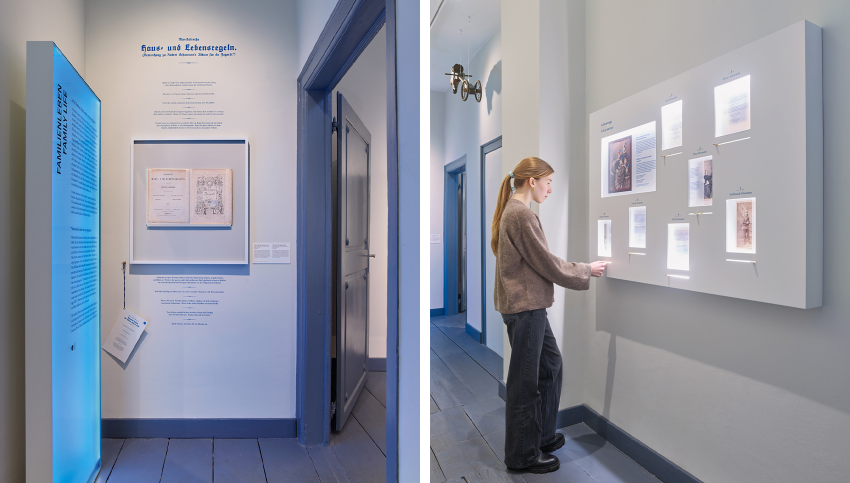 Zwei Fotografien: 1. Fotografie Ausstellungsraum mit Ausstellungsgrafiken und Exponaten, 2. Fotografie Ausstellungsraum mit Person vor Ausstellungsmöbel