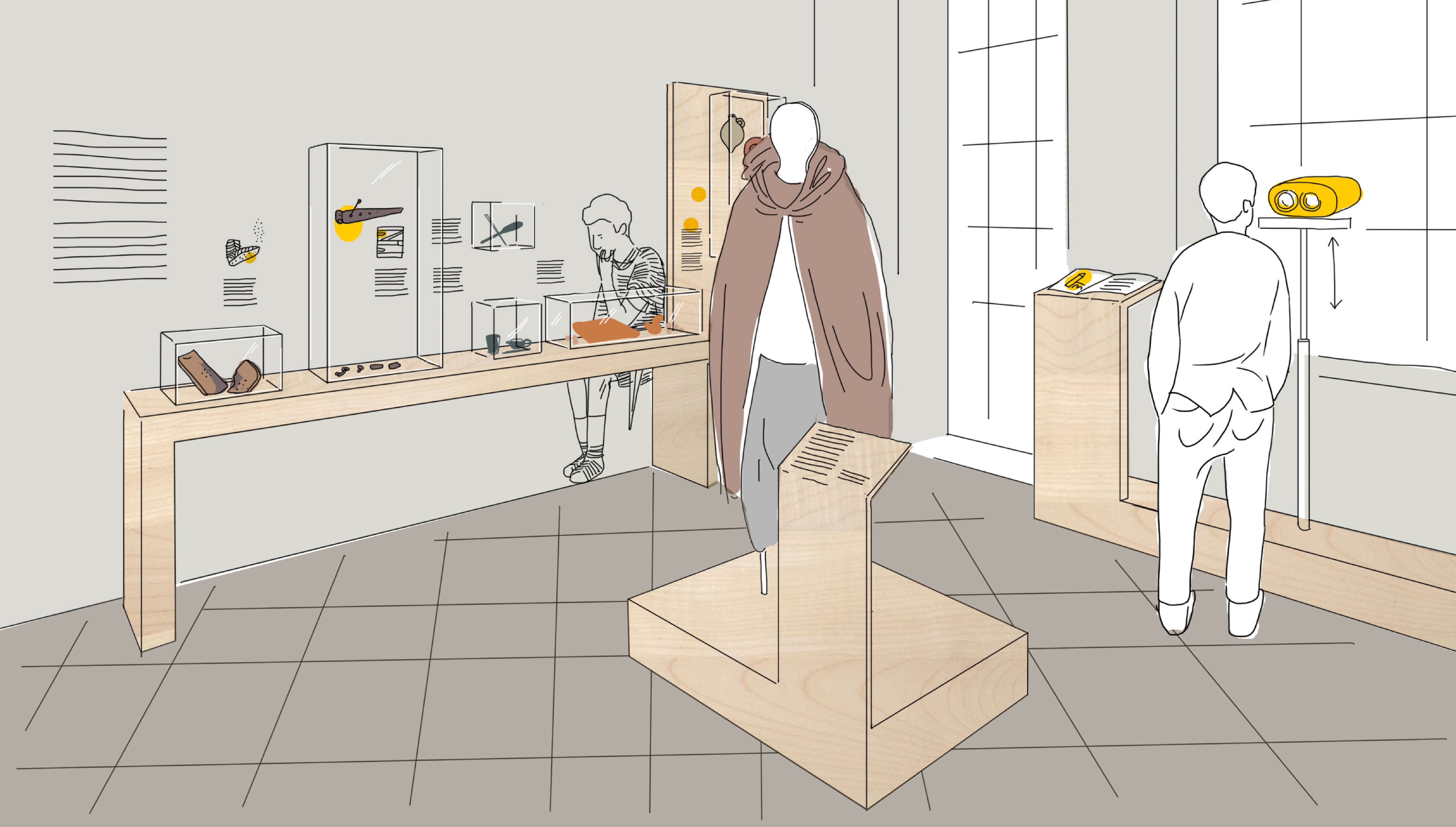 Skizze Ausstellungsraum mit Ausstellungsgrafiken, Ausstellungsmöbeln und Exponaten