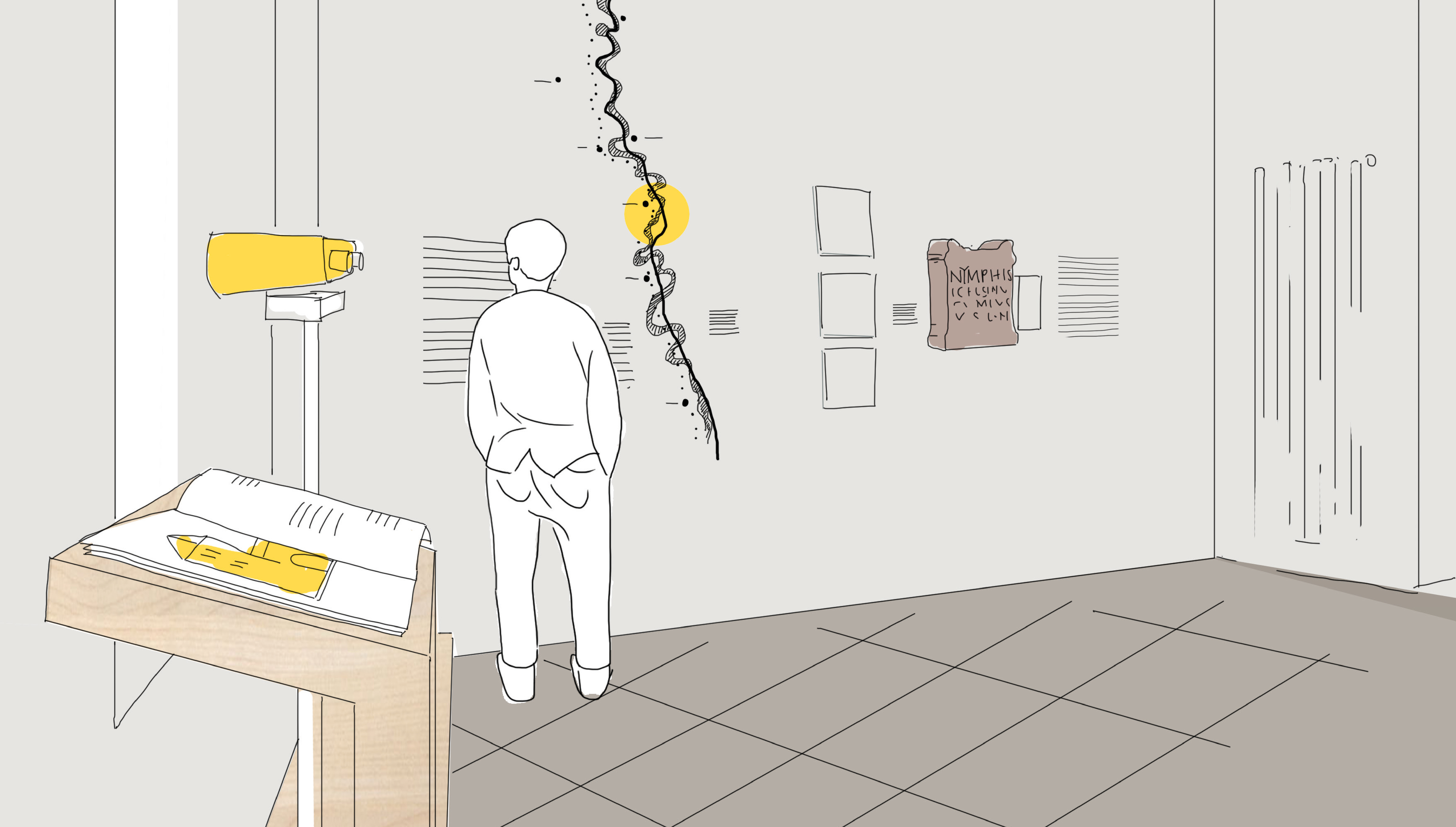 Skizze Ausstellungsraum mit Ausstellungsgrafiken, Ausstellungsmöbeln und Exponaten