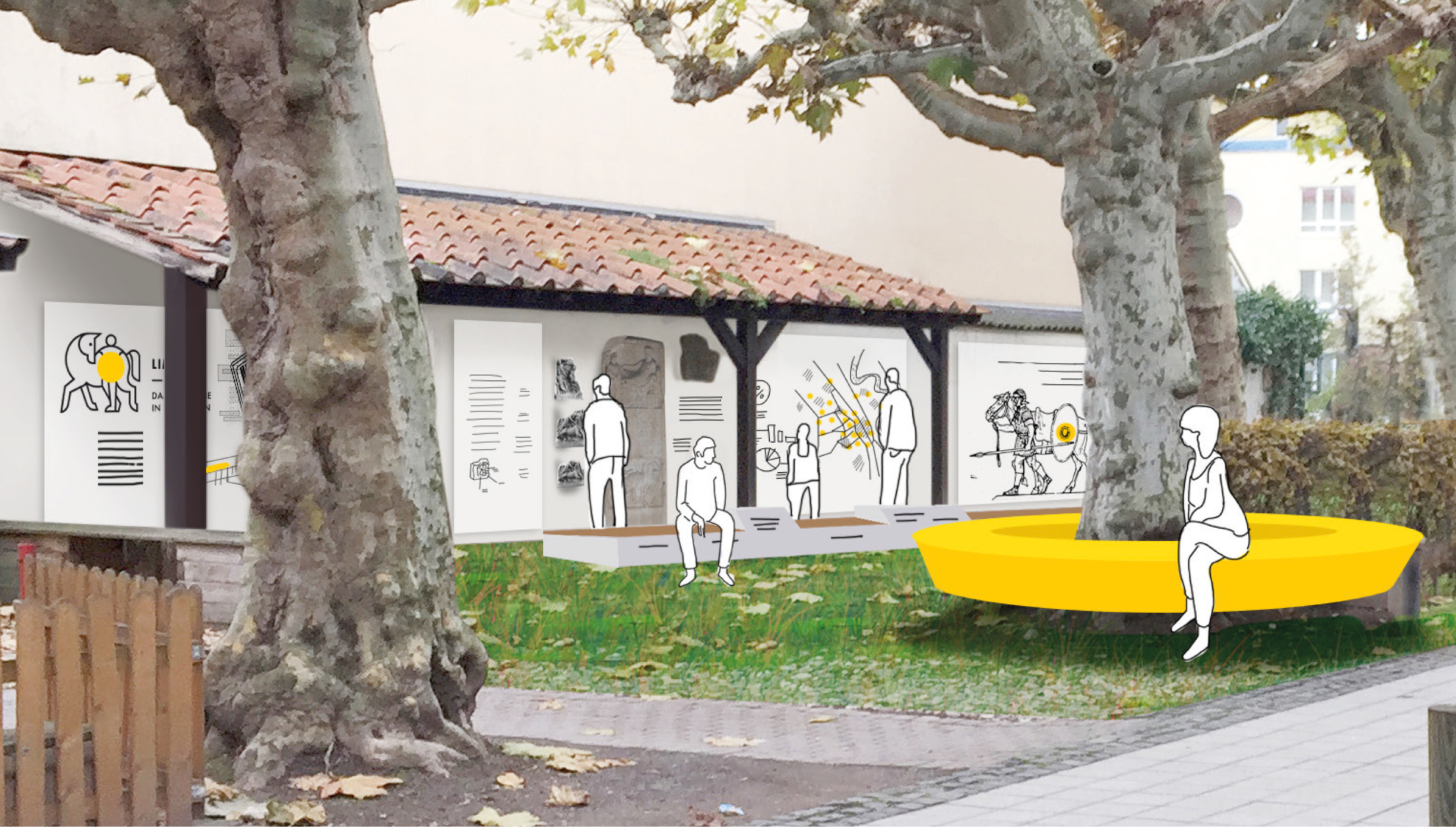 Skizze Ausstellungsraum im Aussenbereich mit Ausstellungsgrafiken, Ausstellungsmöbeln und Exponaten