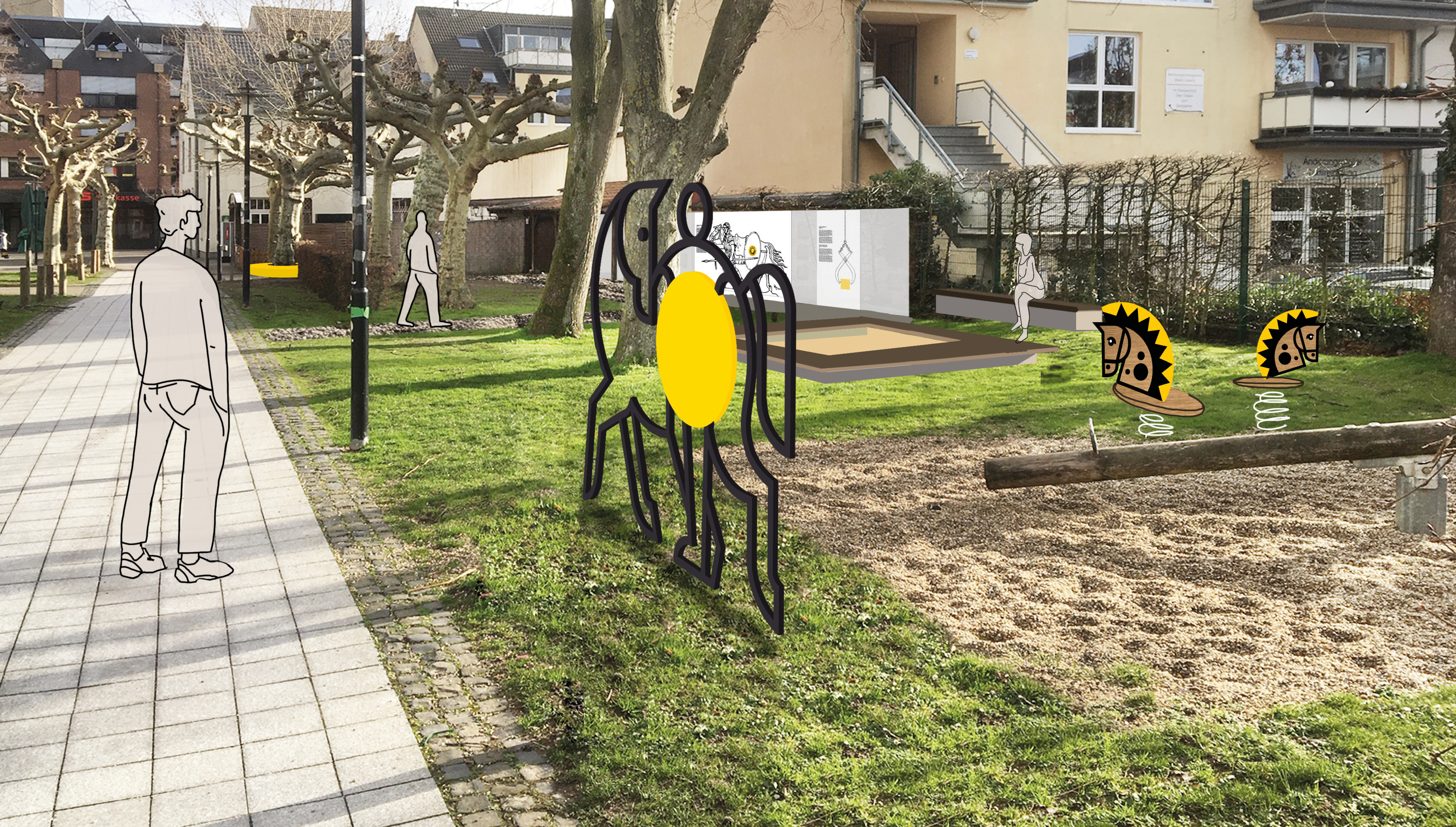 Skizze Ausstellungsraum im Aussenbereich mit Ausstellungsgrafiken, Ausstellungsmöbeln und einem Kinderbereich