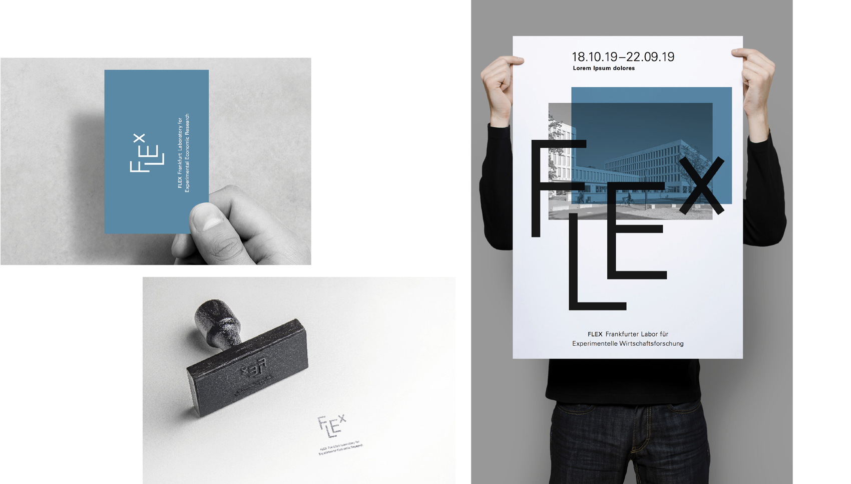 Drei Bilder mit der Logoanwendung "Flex": Visitenkarte, Stempel, Poster