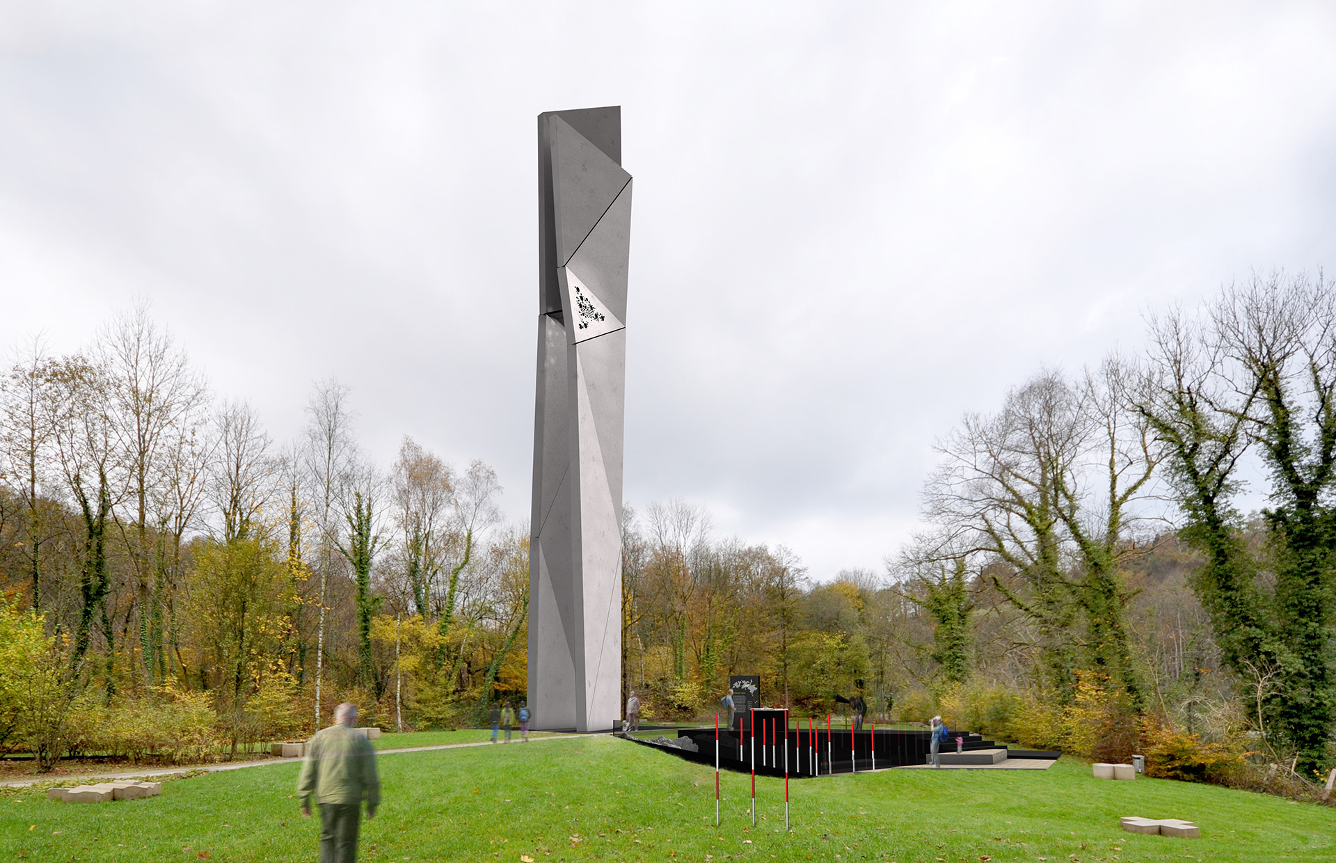 Blick auf einen Park indem eine monolithische Architektur steht. Diese Architektur ist doppelt so hoch, wie die Bäume um sie herum.