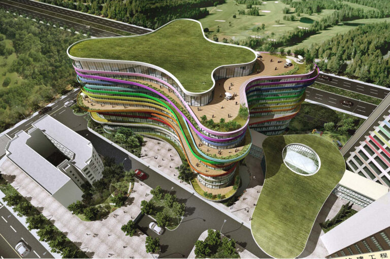 Vogelperspektive auf den Entwurf des Krankenhauses. Man erkennt sehr schön die verschiedenen Terrassen, die sich aus der organischen Form des Gebäudes ergeben.