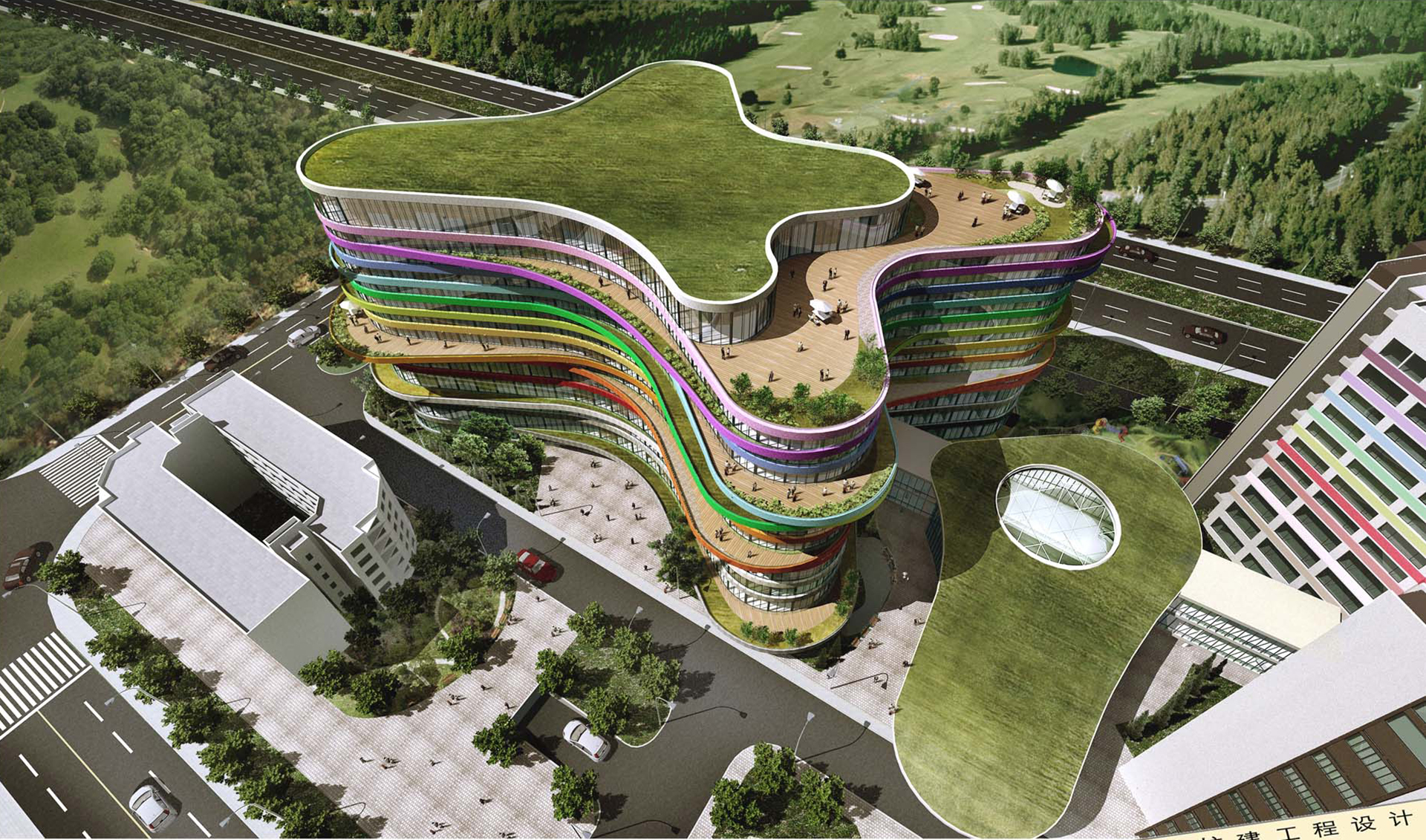 Vogelperspektive auf den Entwurf des Krankenhauses. Man erkennt sehr schön die verschiedenen Terrassen, die sich aus der organischen Form des Gebäudes ergeben.