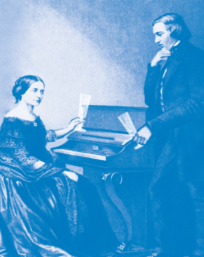 Animiertes Bild von Clara und Robert Schumann, die mit Sekt anstoßen